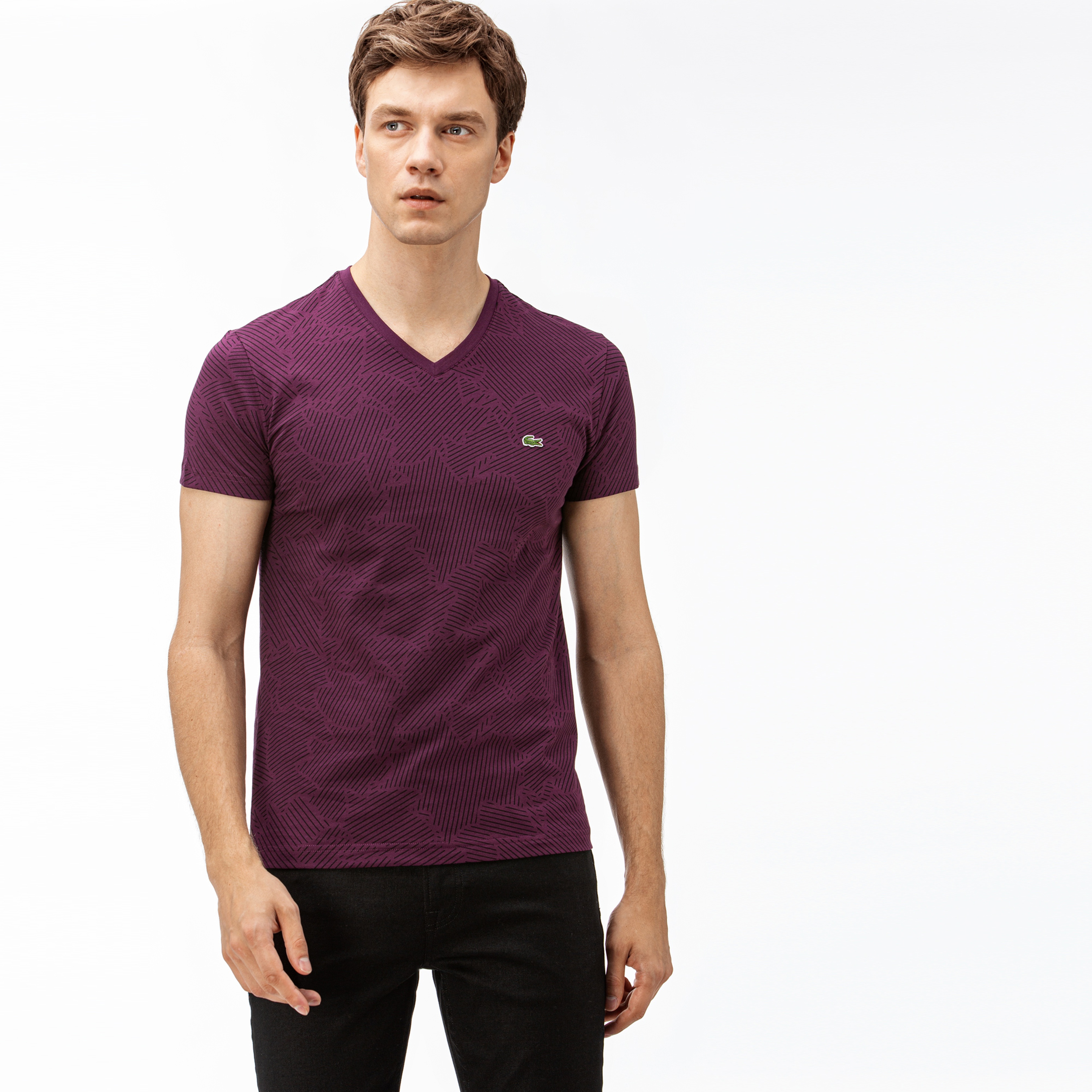 Lacoste Erkek Desenli V Yaka Mor T-Shirt