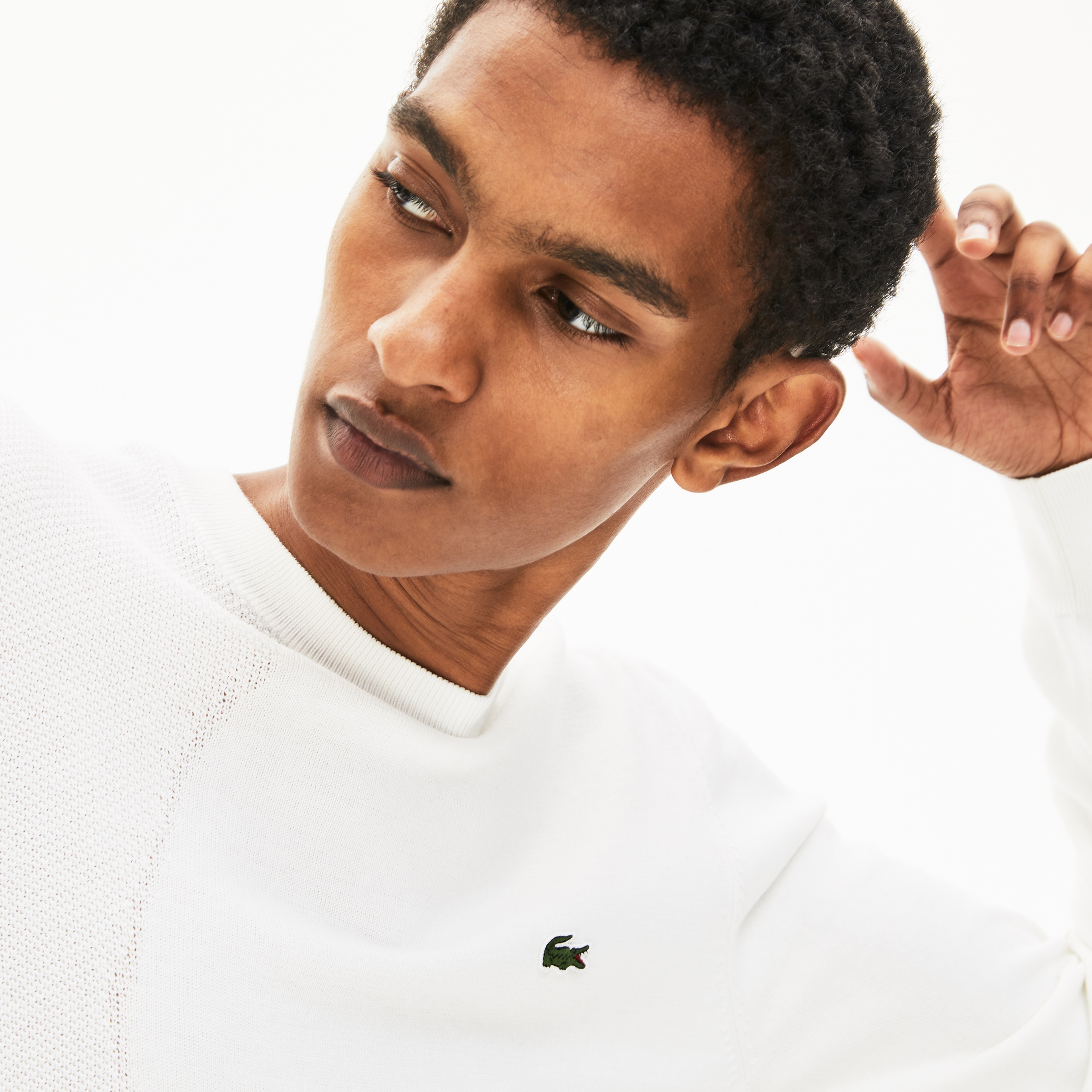 Lacoste Erkek Klasik Fit Bisiklet Yaka Beyaz Triko Kazak