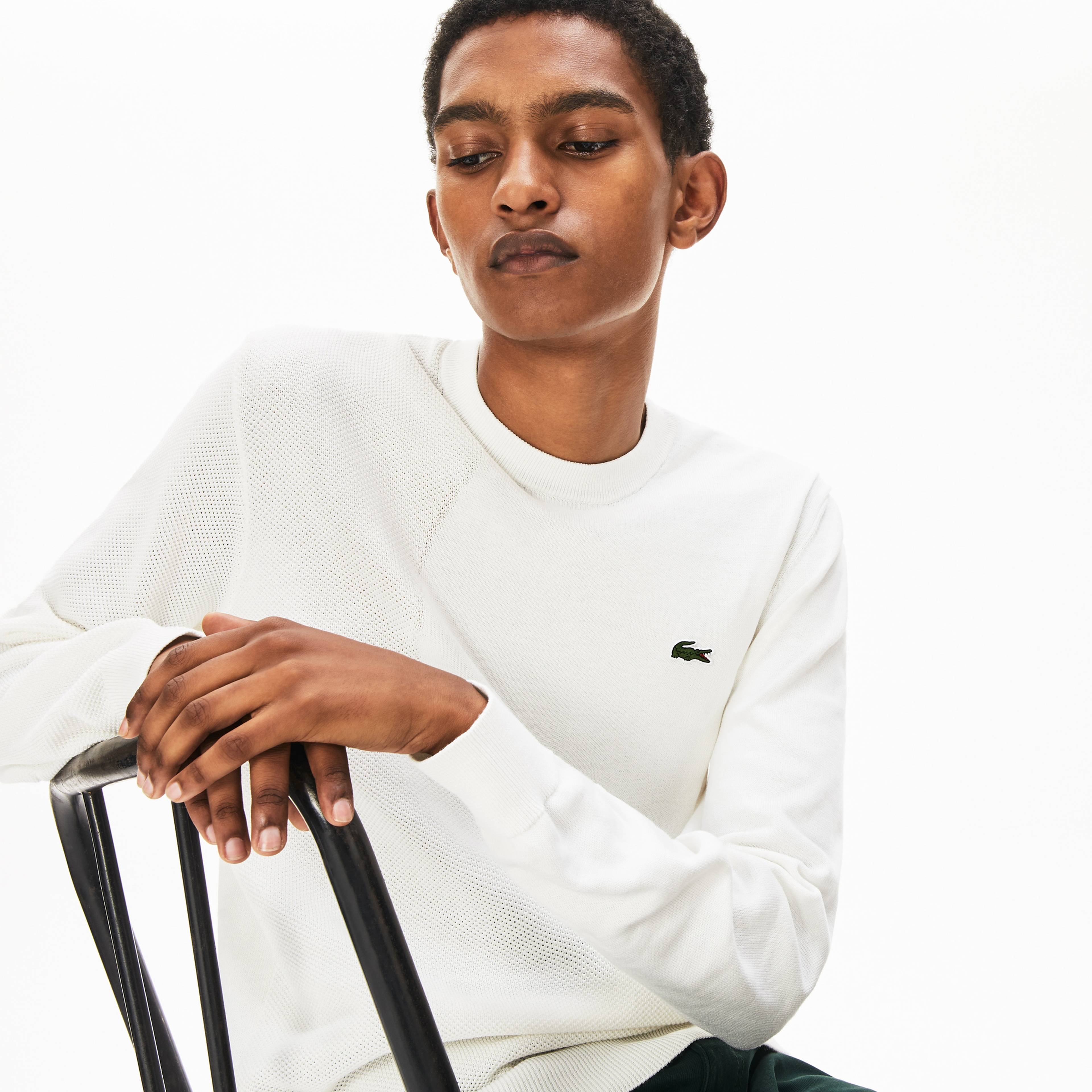 Lacoste Erkek Klasik Fit Bisiklet Yaka Beyaz Triko Kazak