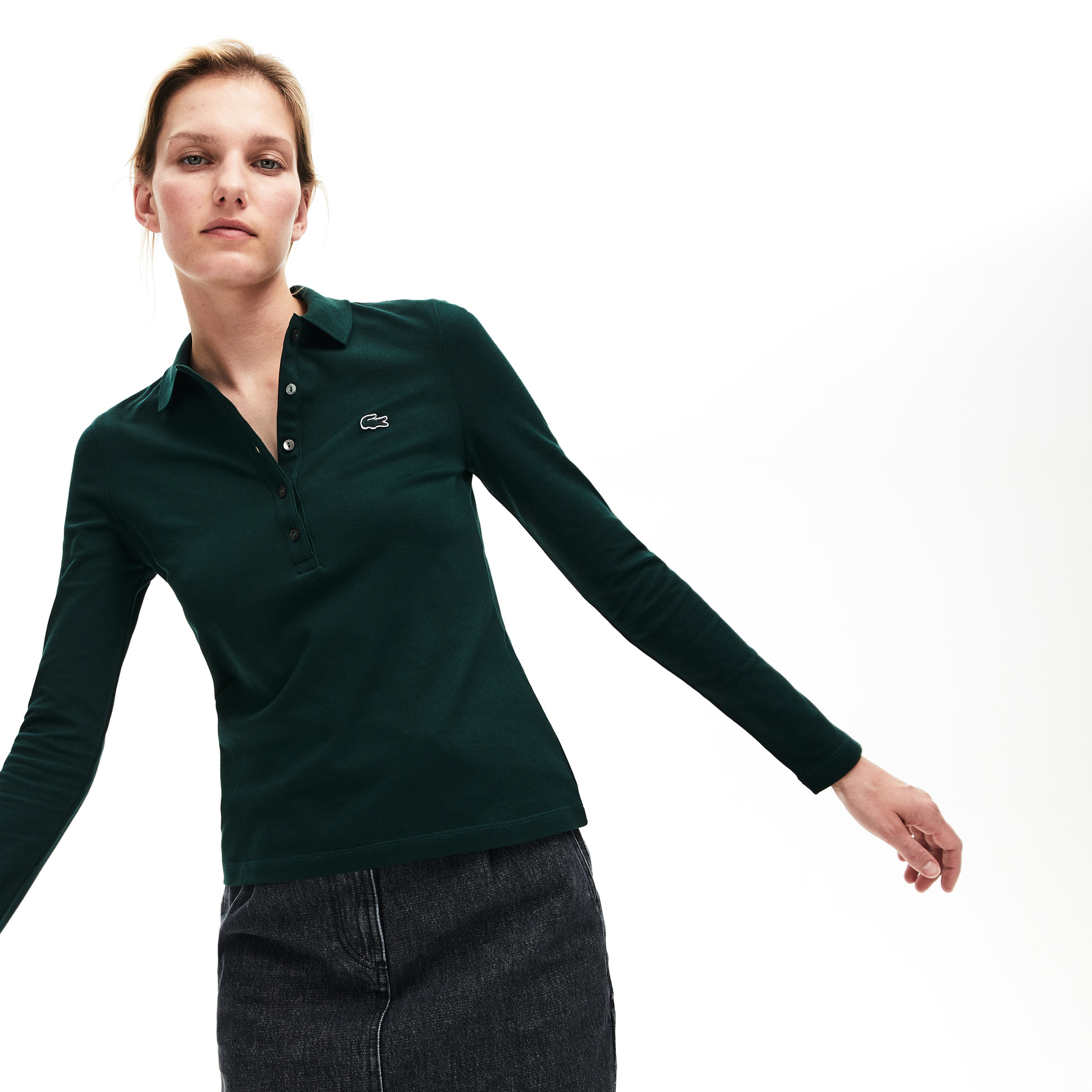 Lacoste Kadın Slim Fit Yeşil Uzun Kollu Polo