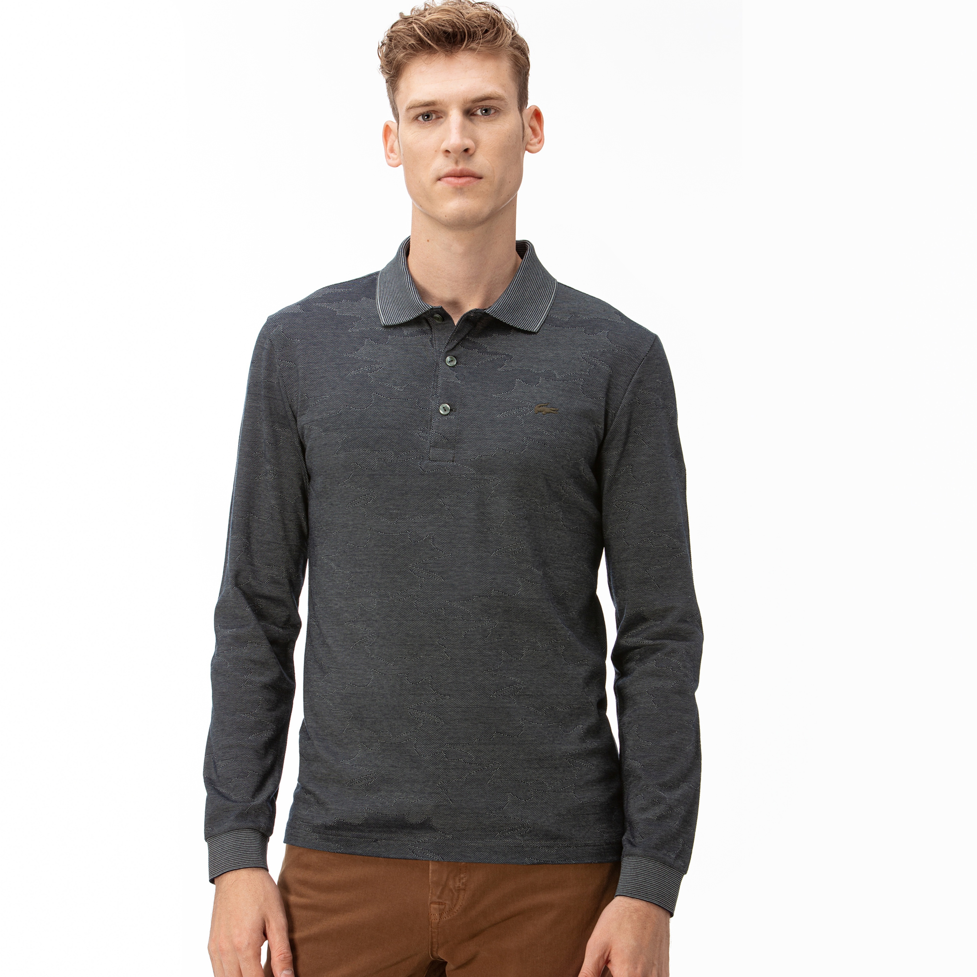 Lacoste Erkek Desenli Uzun Kollu Koyu Gri Polo