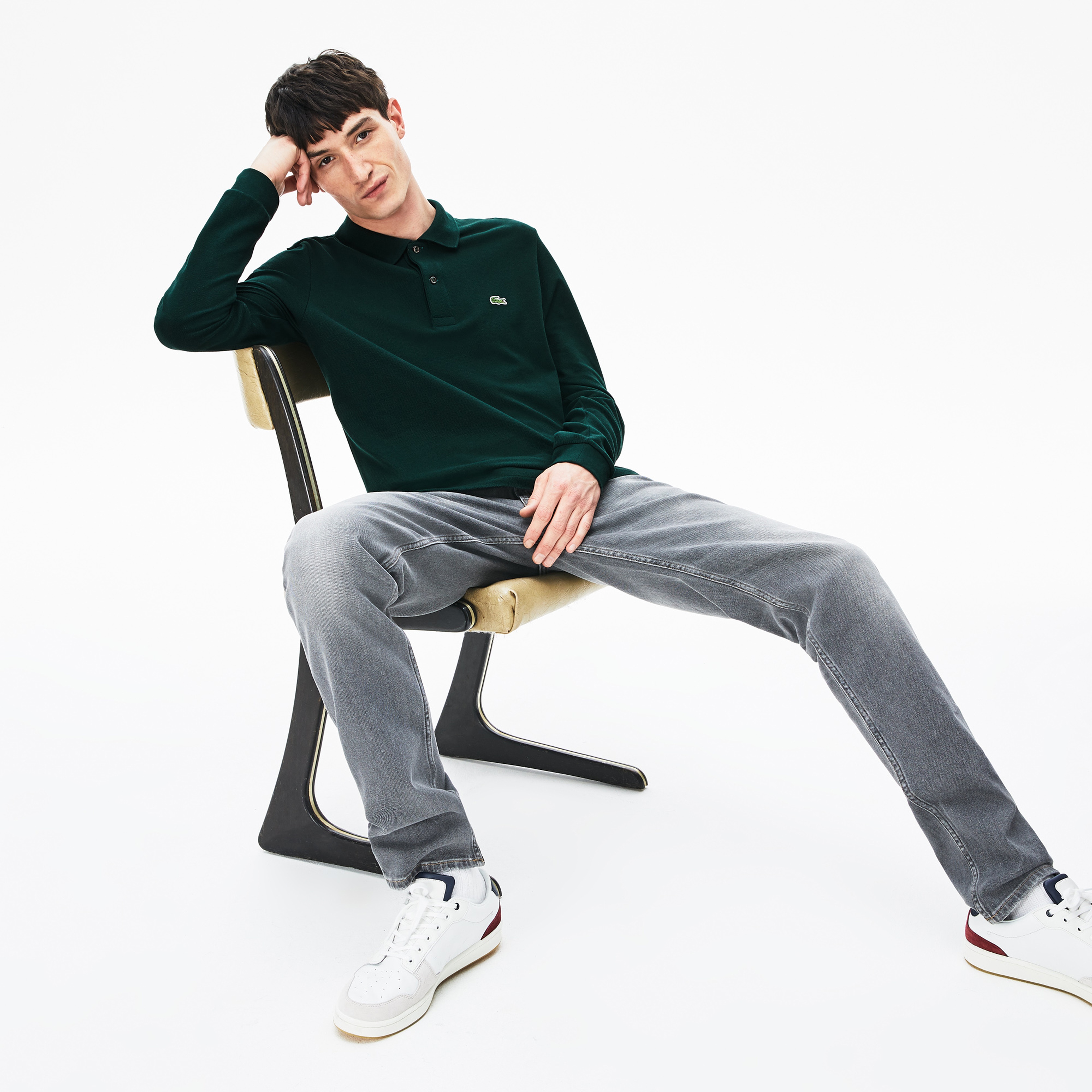 L.12.12 Erkek Classic Fit Uzun Kollu Koyu Yeşil Polo