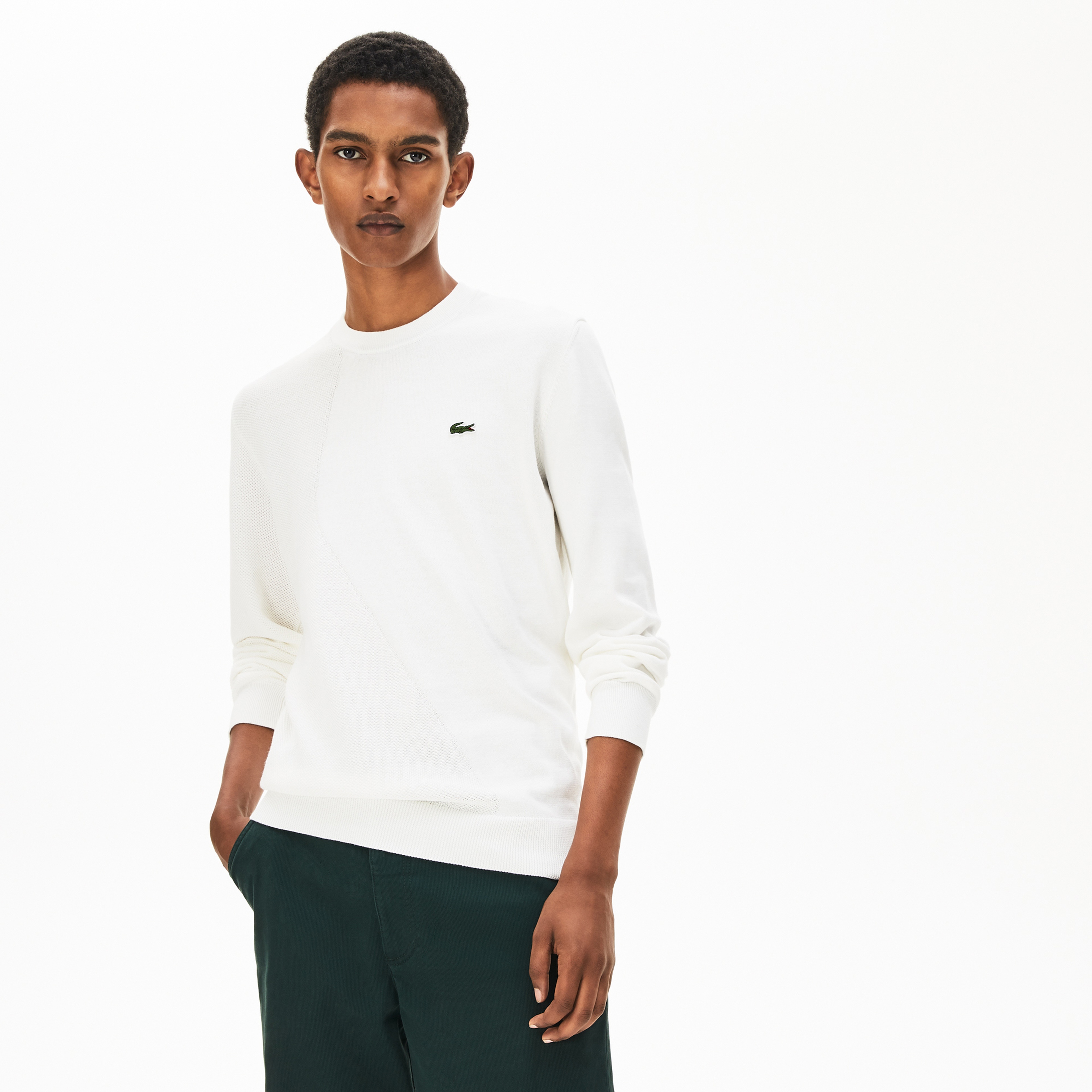 Lacoste Erkek Klasik Fit Bisiklet Yaka Beyaz Triko Kazak