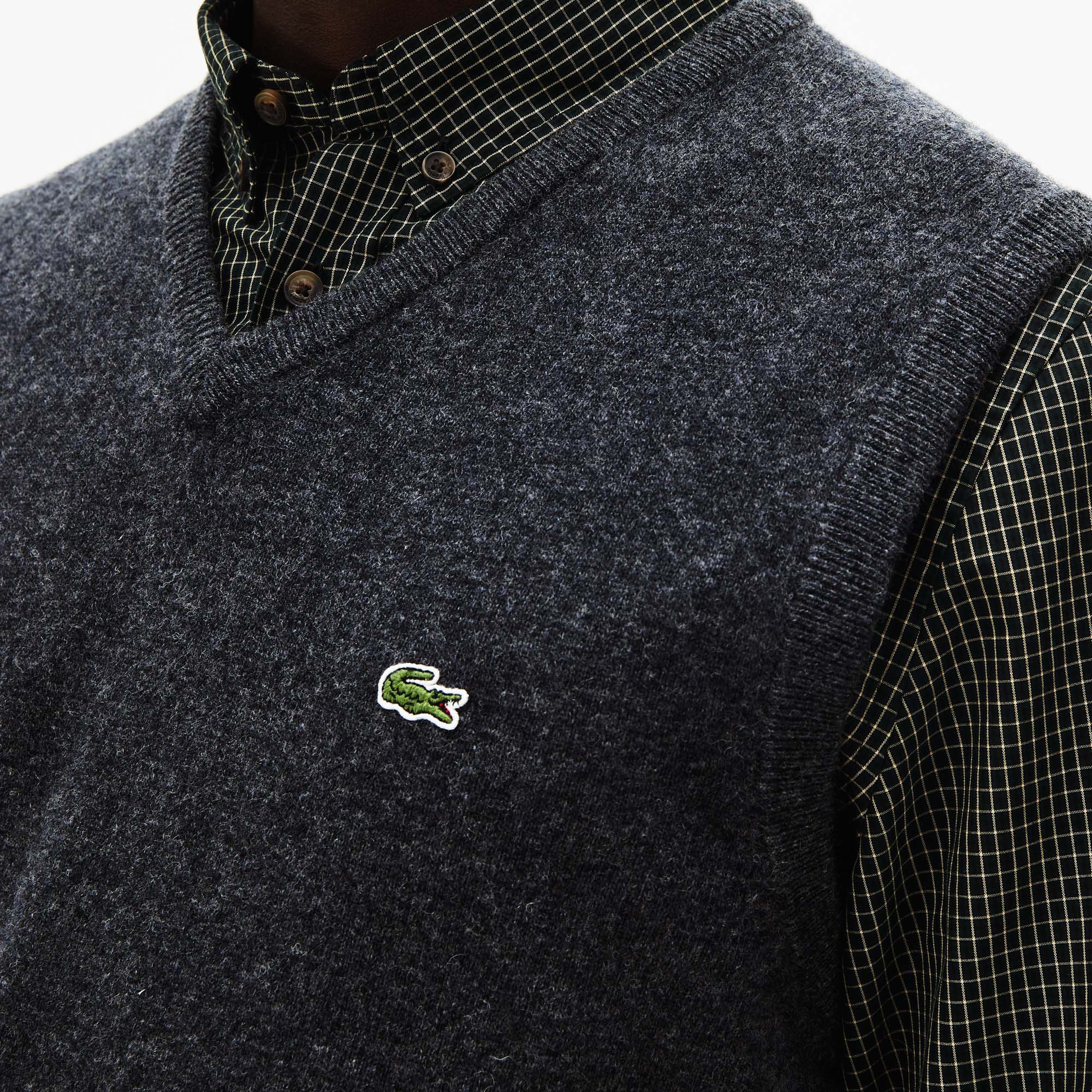 Lacoste Erkek Classic Fit V Yaka Yün Gri Süveter