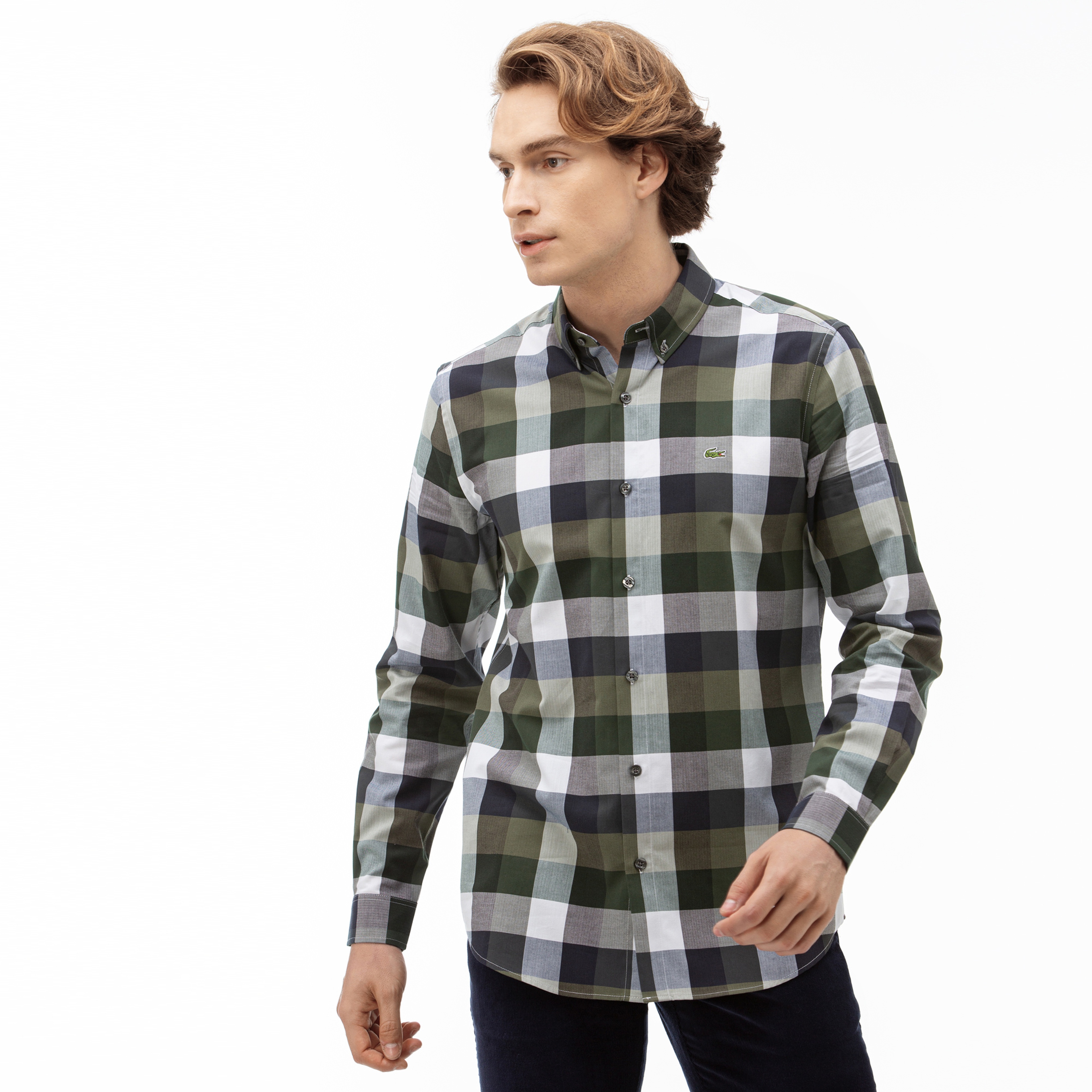 Lacoste Erkek Slim Fit Ekose Desenli Yeşil Gömlek