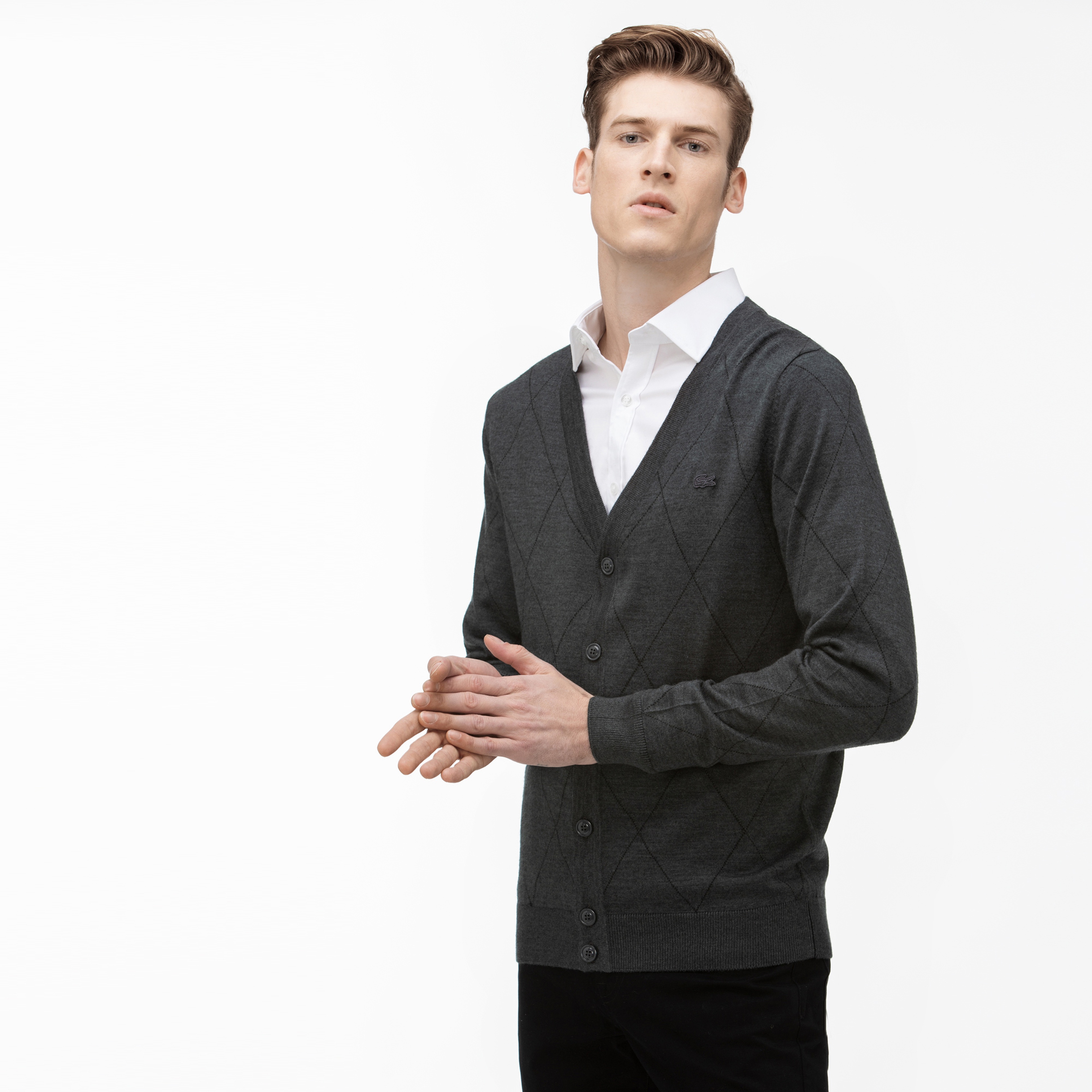 Lacoste Erkek Baklava Desenli Gri Triko Hırka