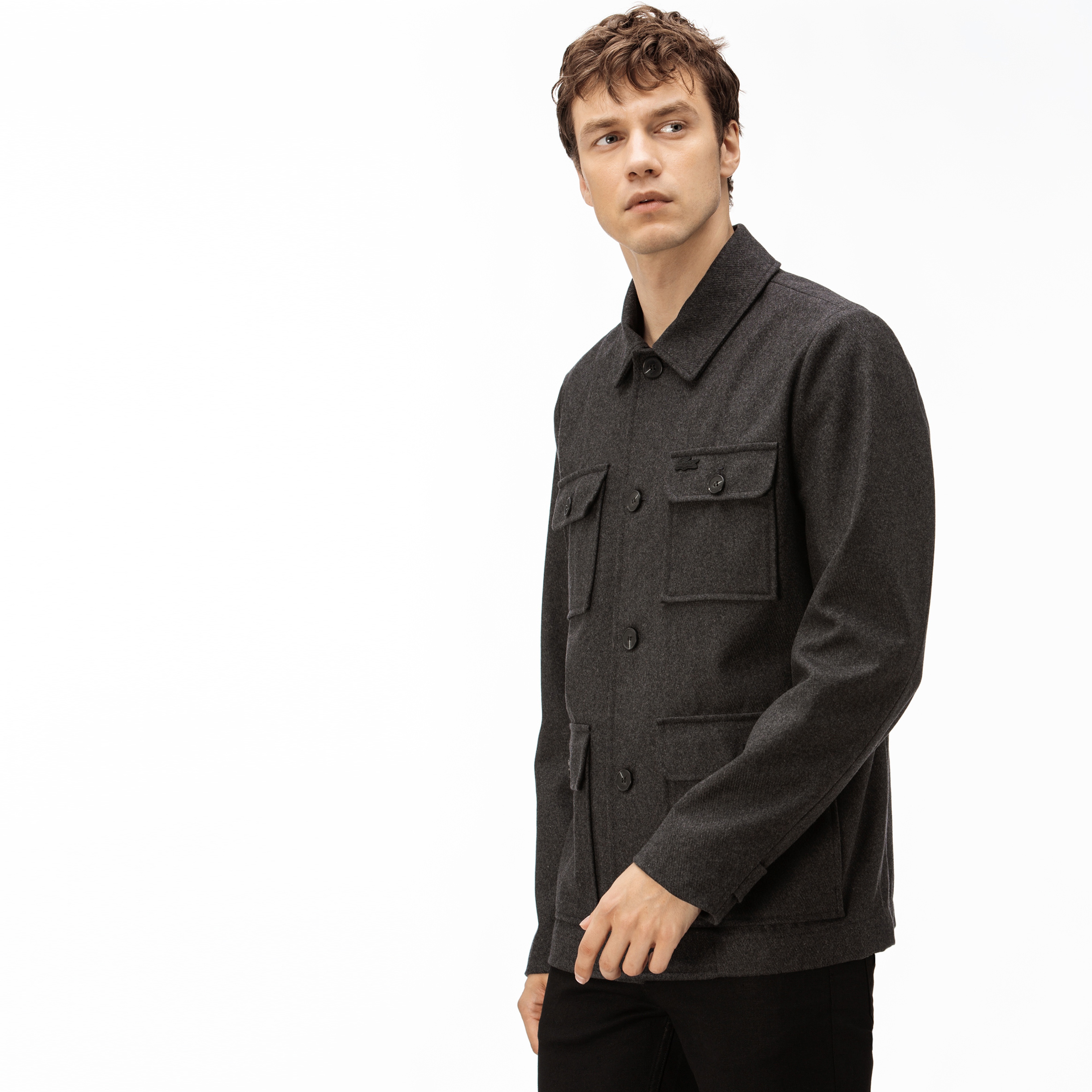 Lacoste Erkek Yün Karışımlı Kırçıllı Desenli Gri Logo Detaylı Mont