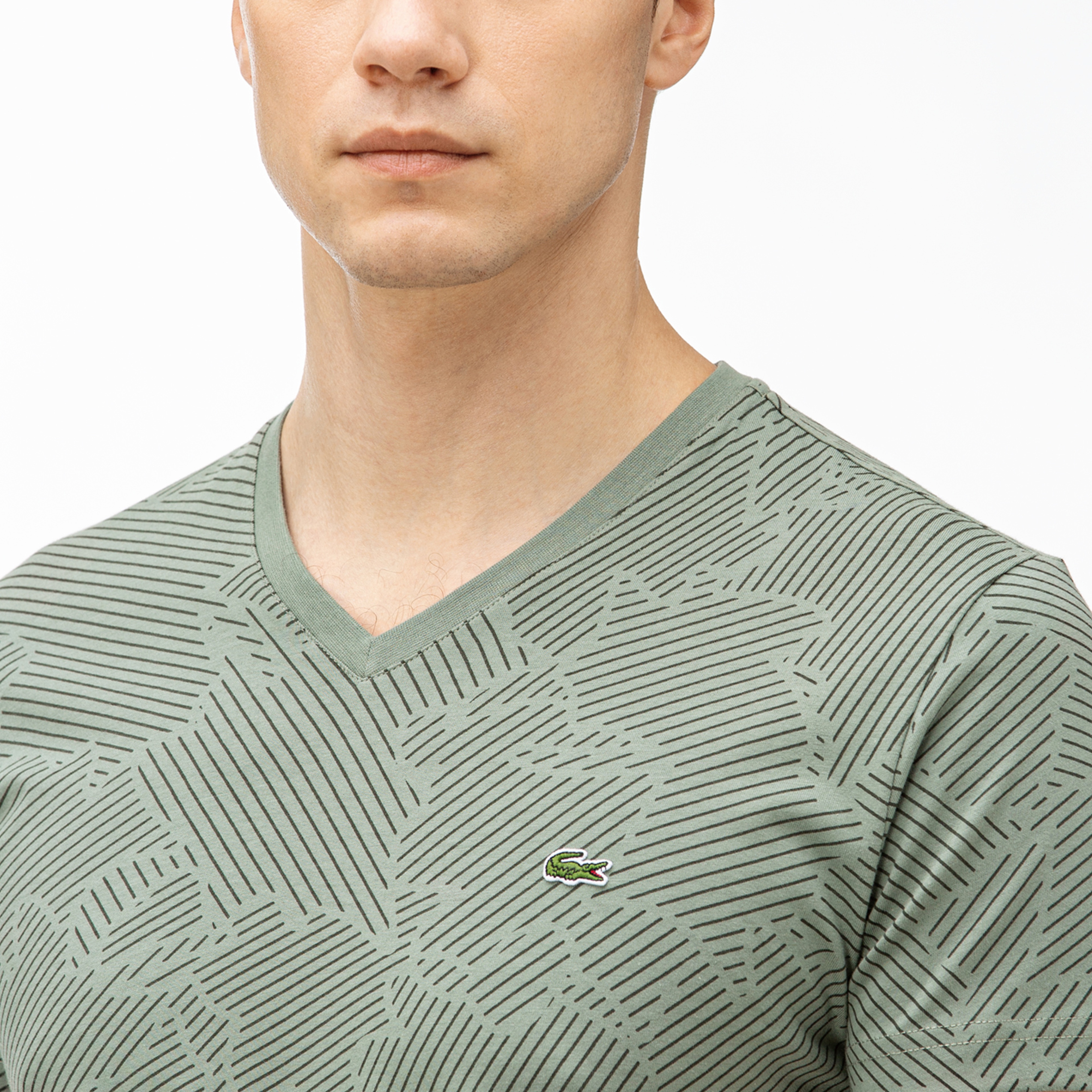 Lacoste Erkek Desenli V Yaka  Yeşil T-Shirt