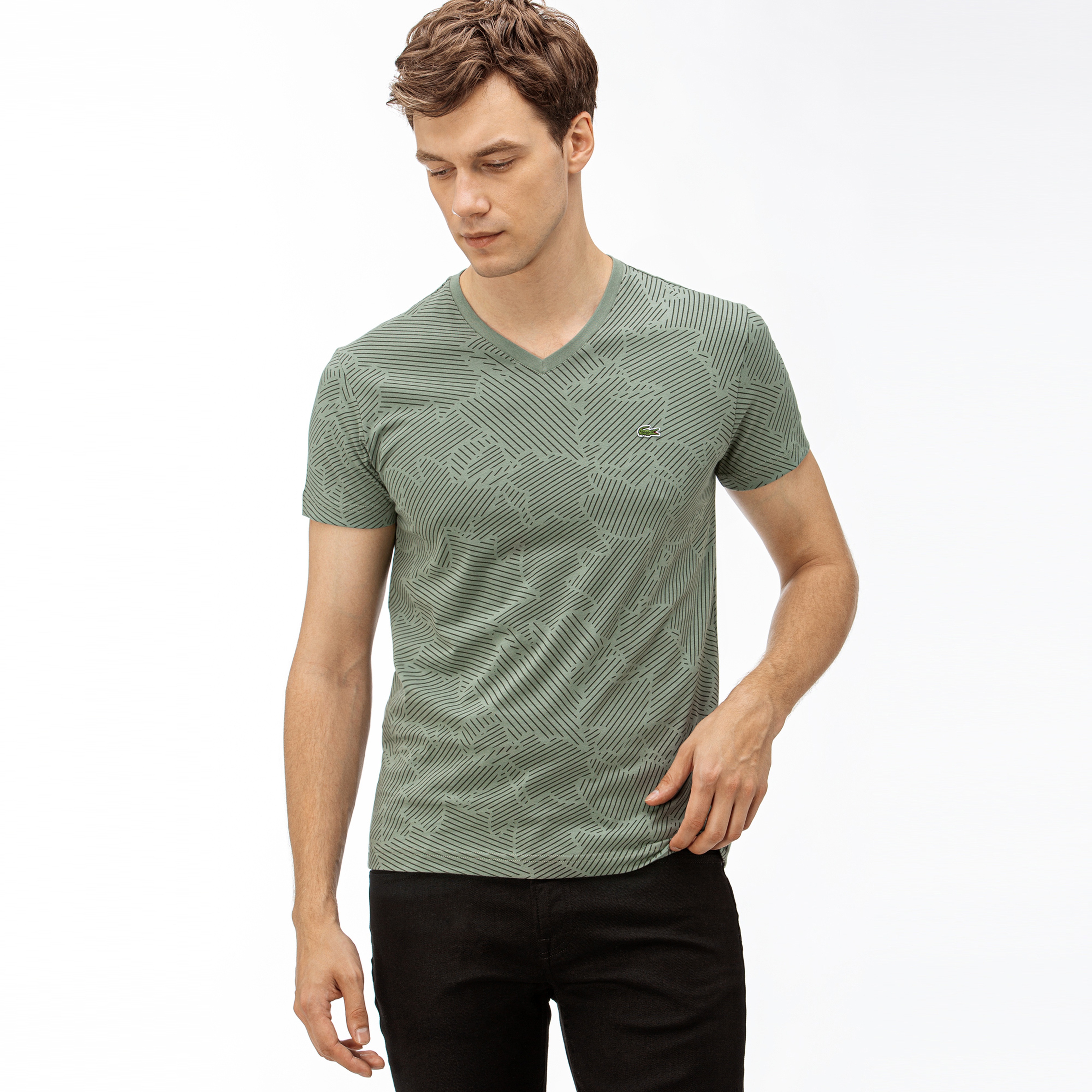 Lacoste Erkek Desenli V Yaka  Yeşil T-Shirt
