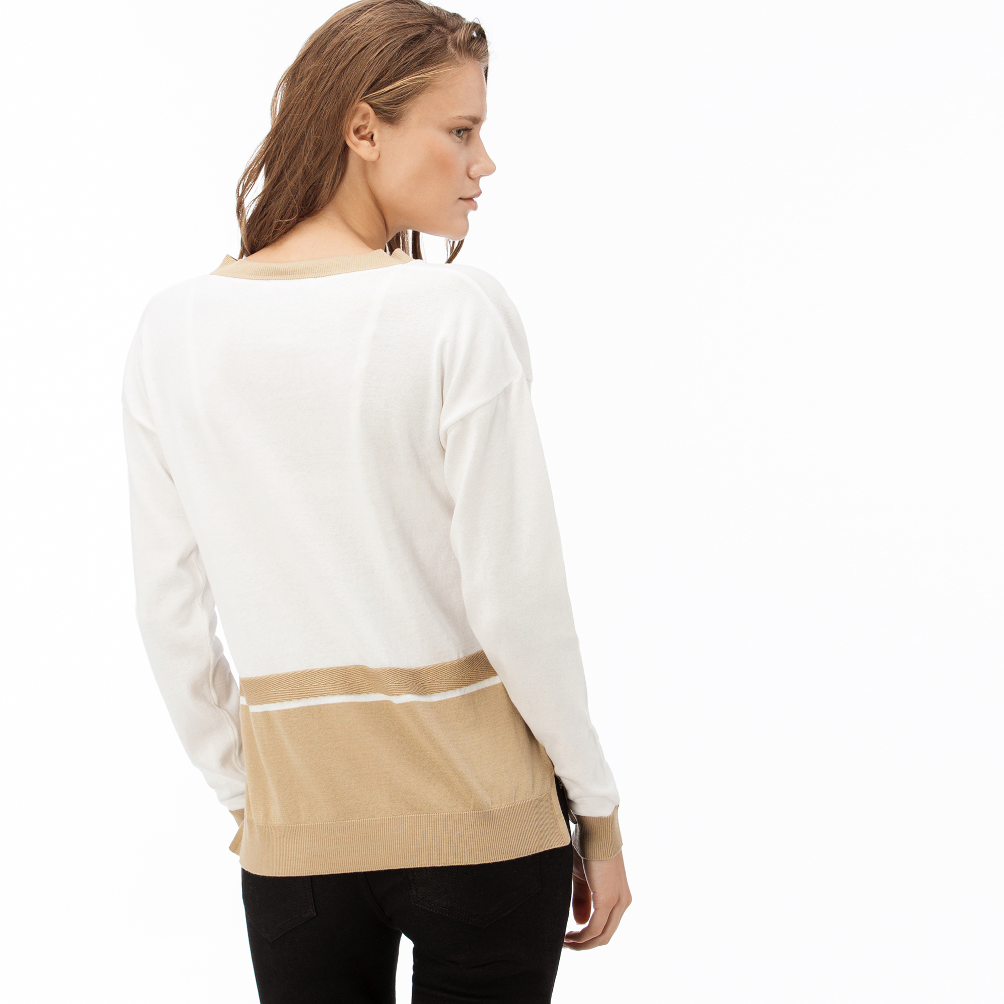 Lacoste Kadın Blok Desenli Bej V Yakalı Triko Kazak