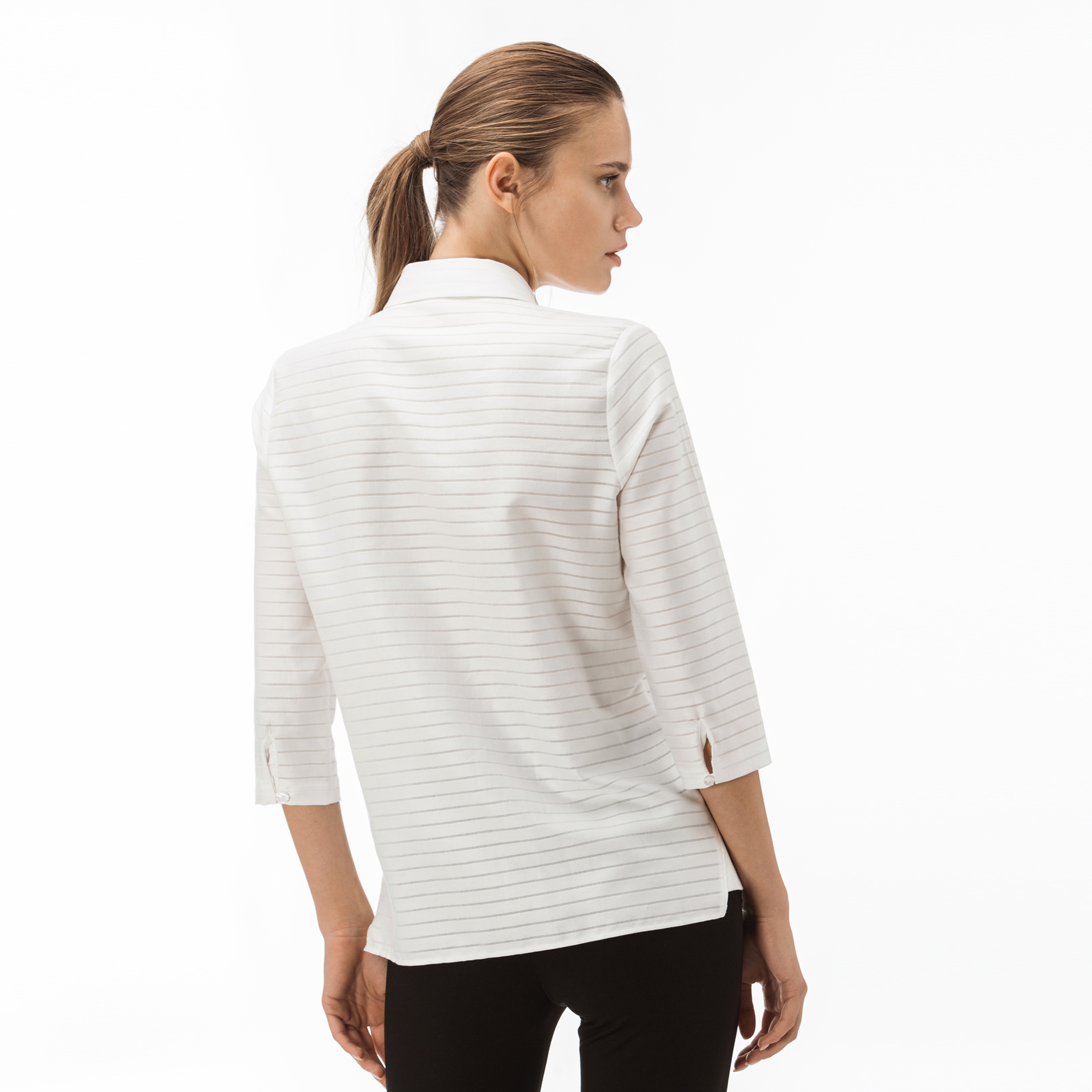 Lacoste Kadın Çizgili Beyaz Gömlek