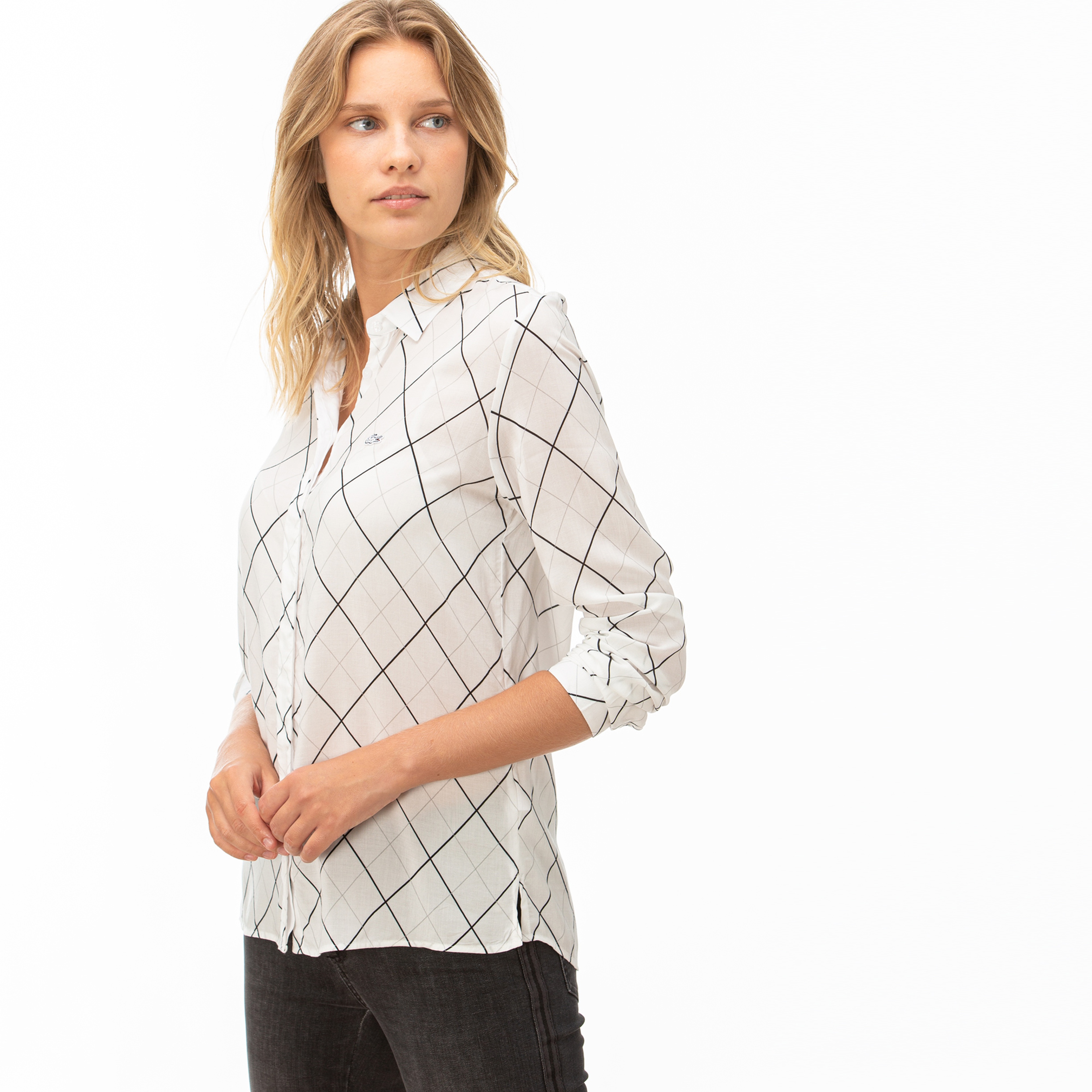 Lacoste Kadın Çizgili Beyaz Gömlek