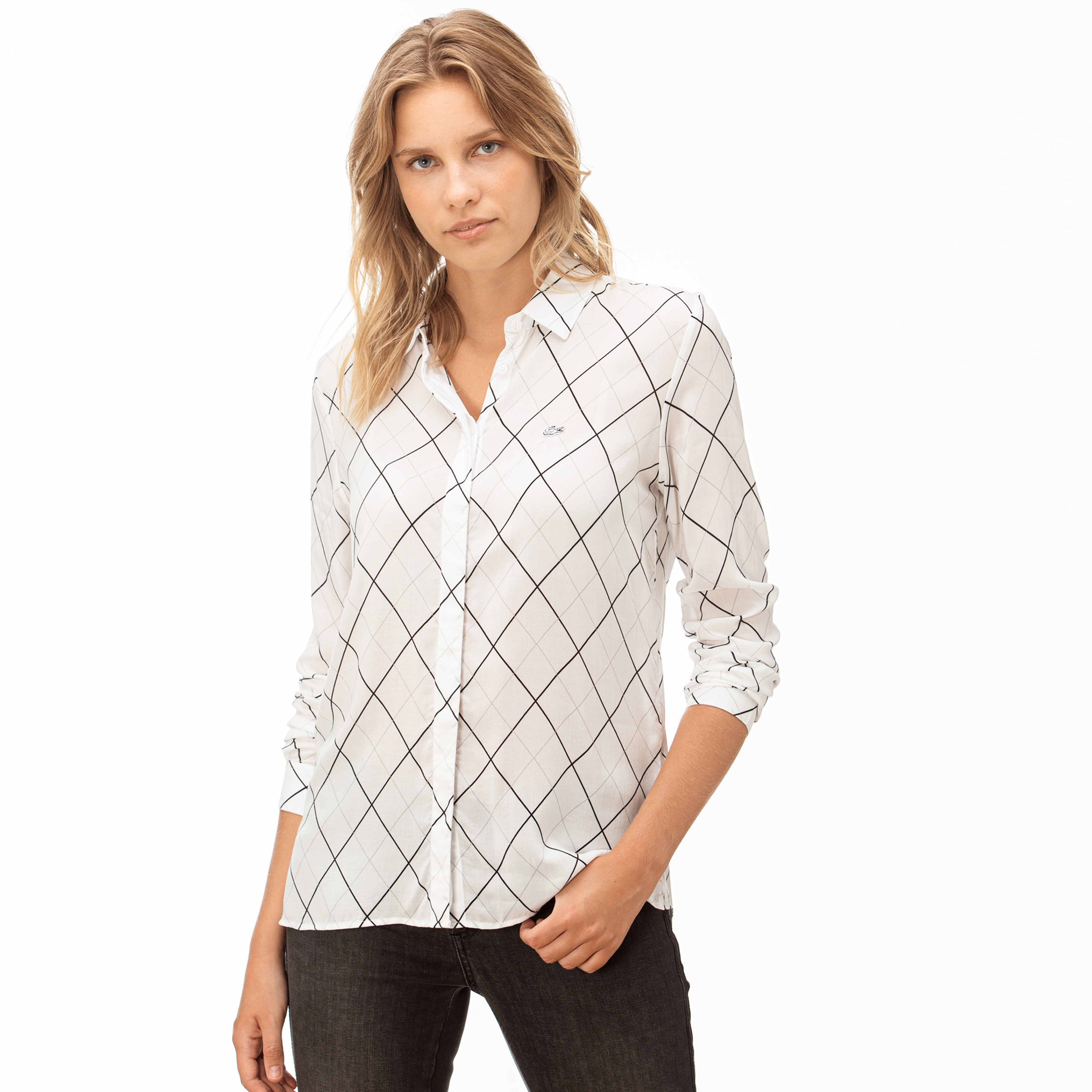 Lacoste Kadın Çizgili Beyaz Gömlek