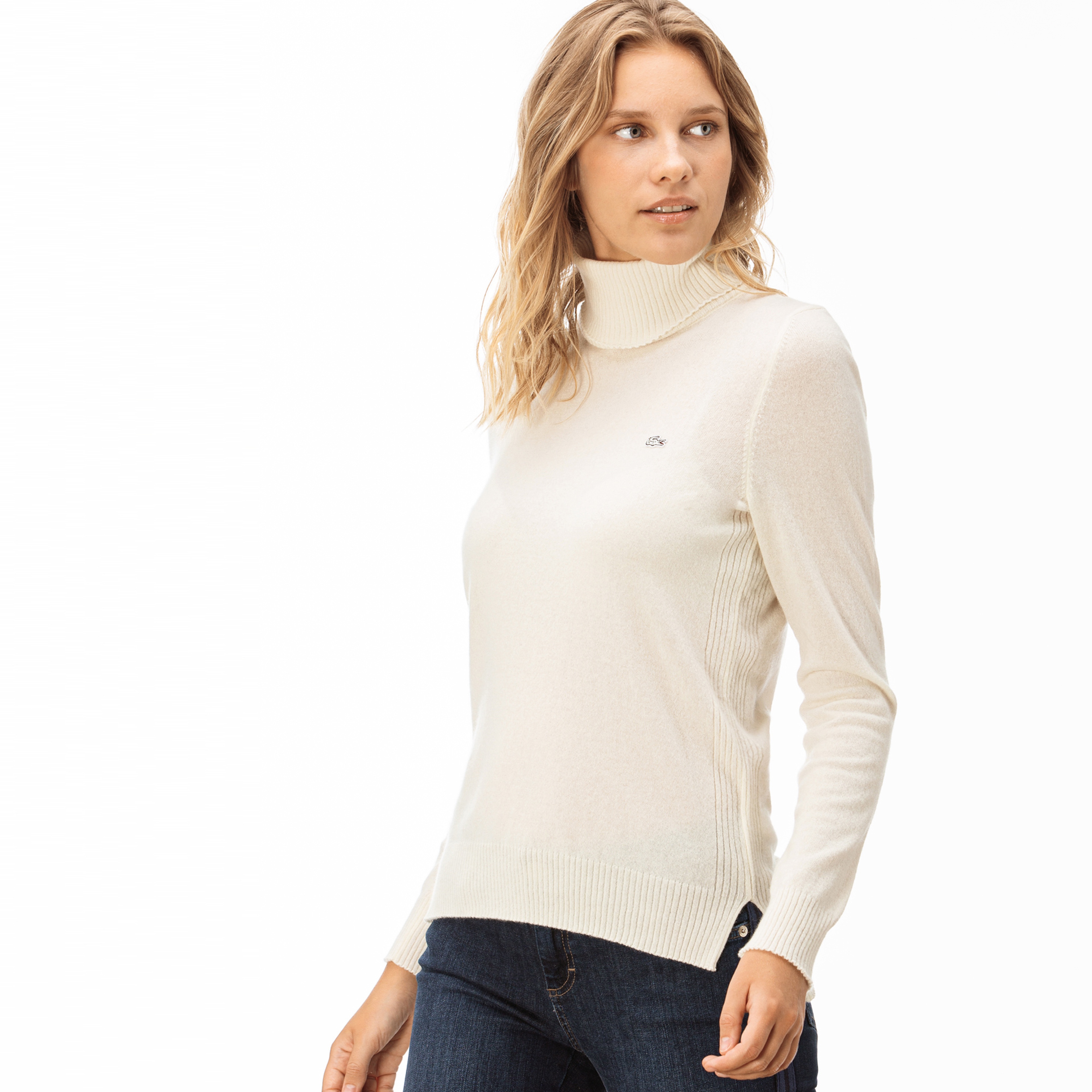 Lacoste Kadın Bej Kaşmir Karışımlı Balıkçı Yaka Triko Kazak