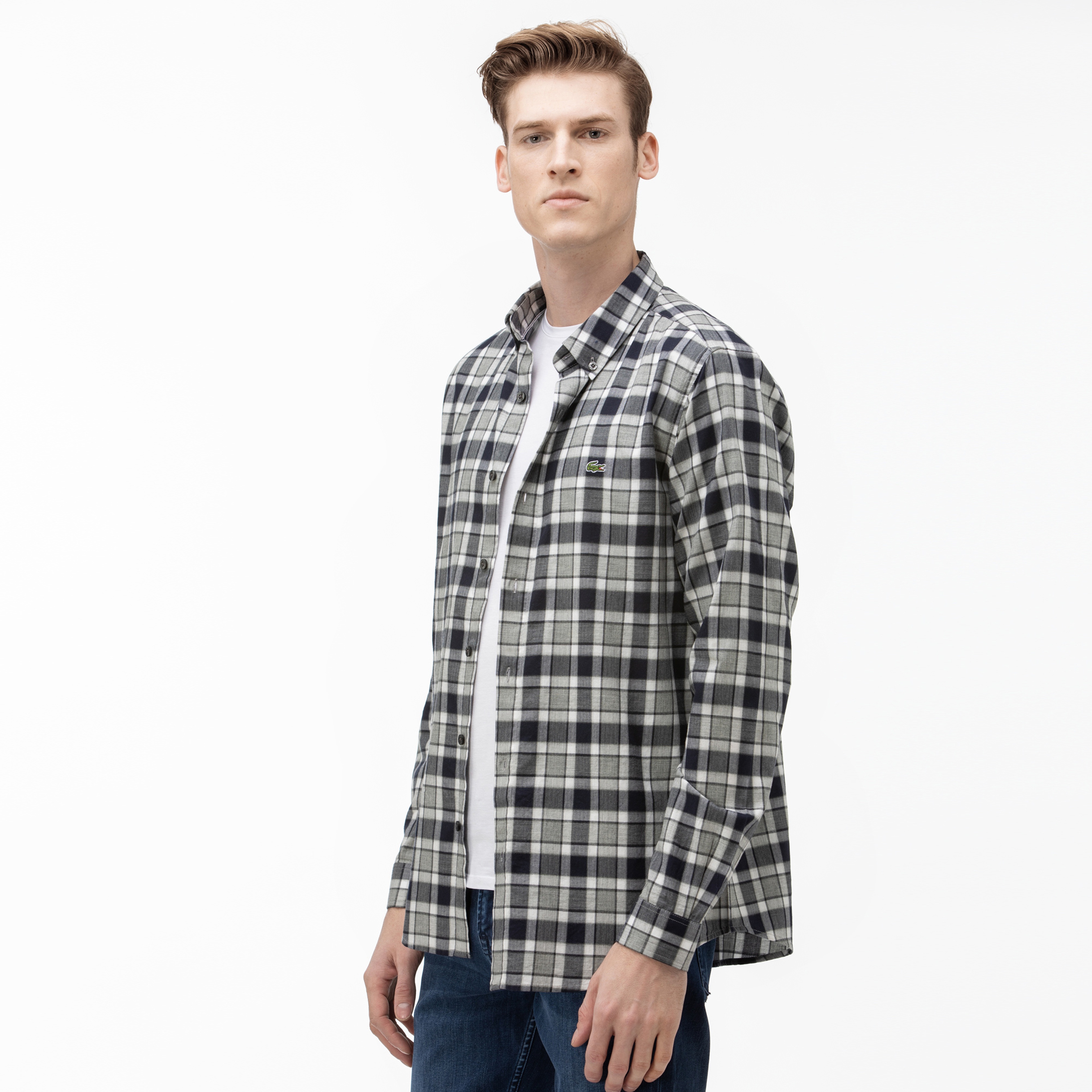 Lacoste Erkek Slim Fit Ekose Desenli Gri Gömlek