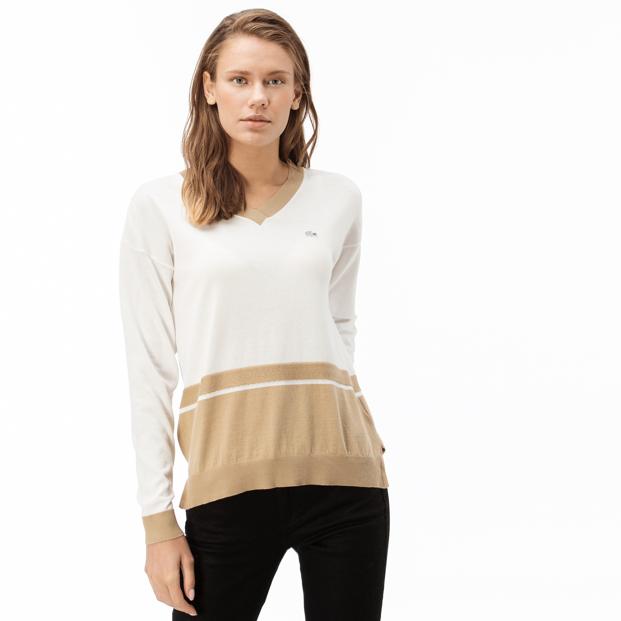 Lacoste Kadın Blok Desenli Bej V Yakalı Triko Kazak