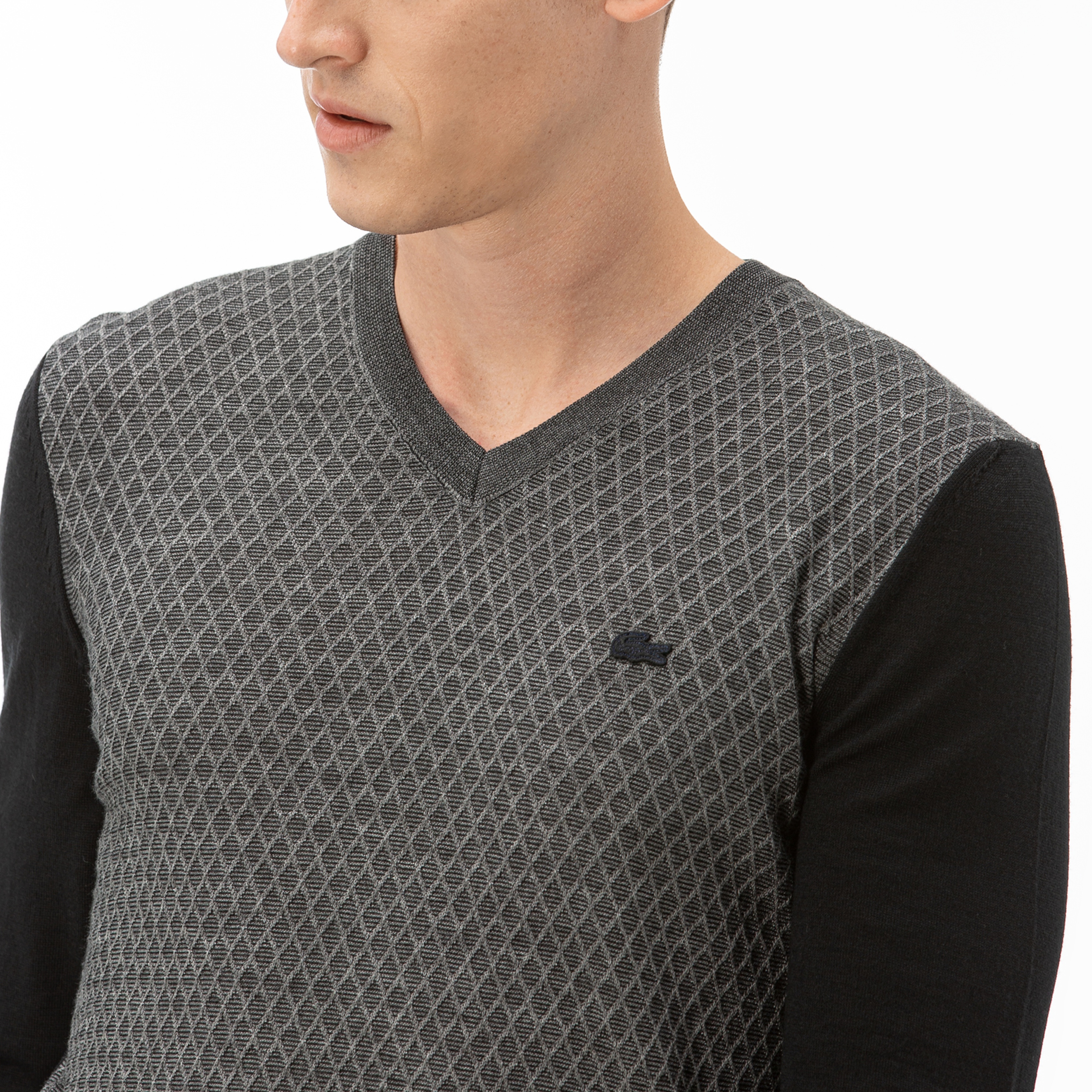 Lacoste Erkek V Yaka Gri-Siyah Triko Kazak