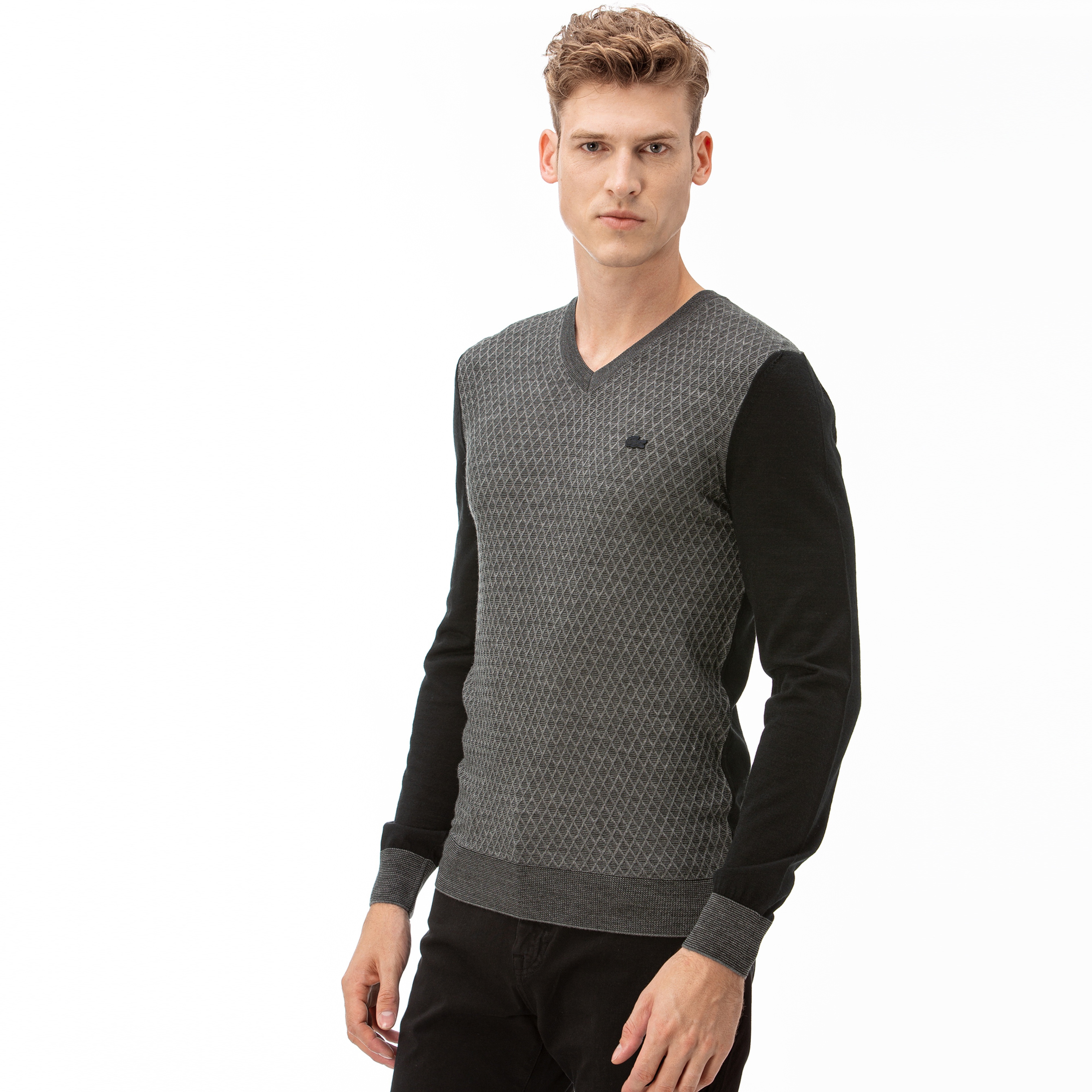 Lacoste Erkek V Yaka Gri-Siyah Triko Kazak