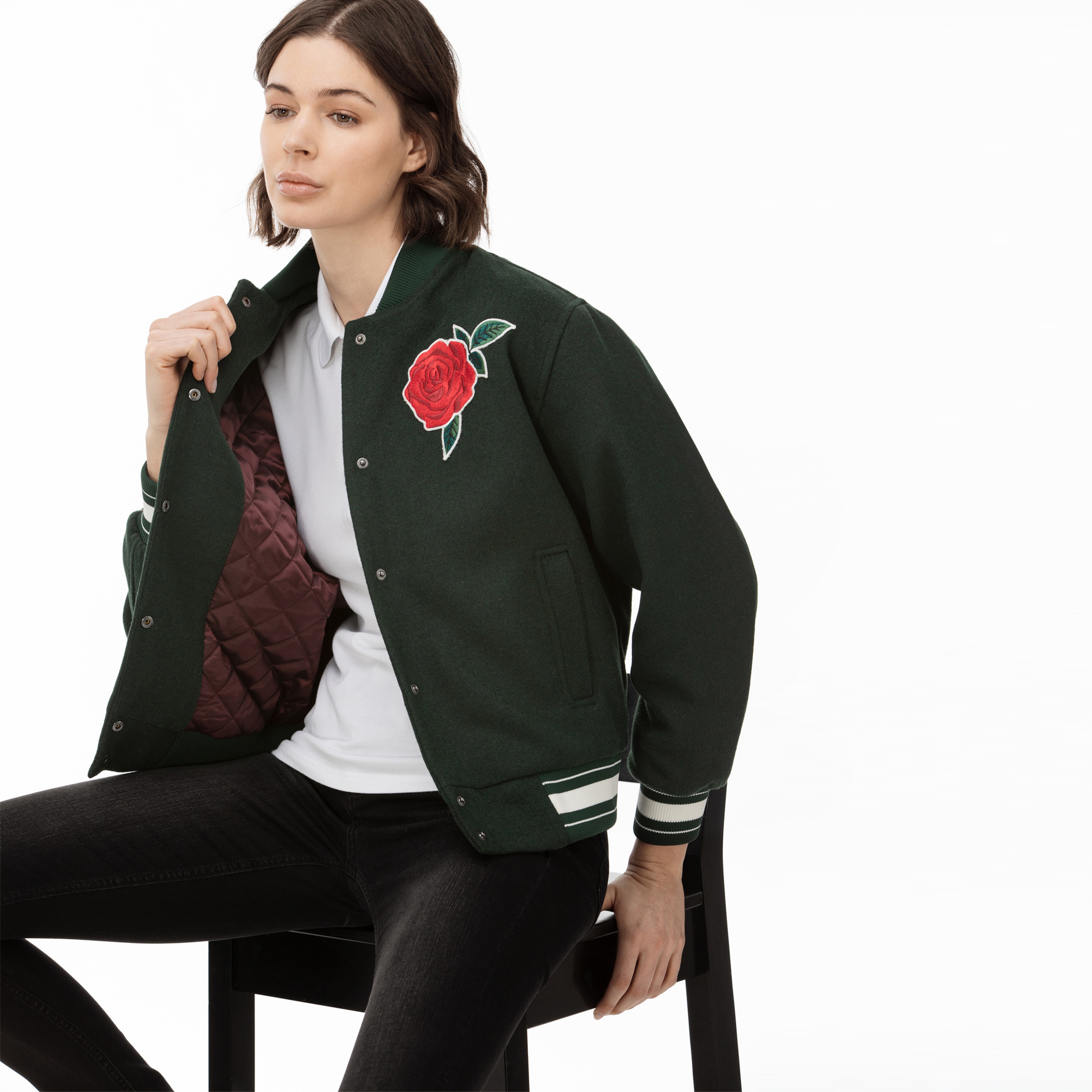 Lacoste L!VE Kadın Yünlü Gül Nakışlı Yeşil Ceket