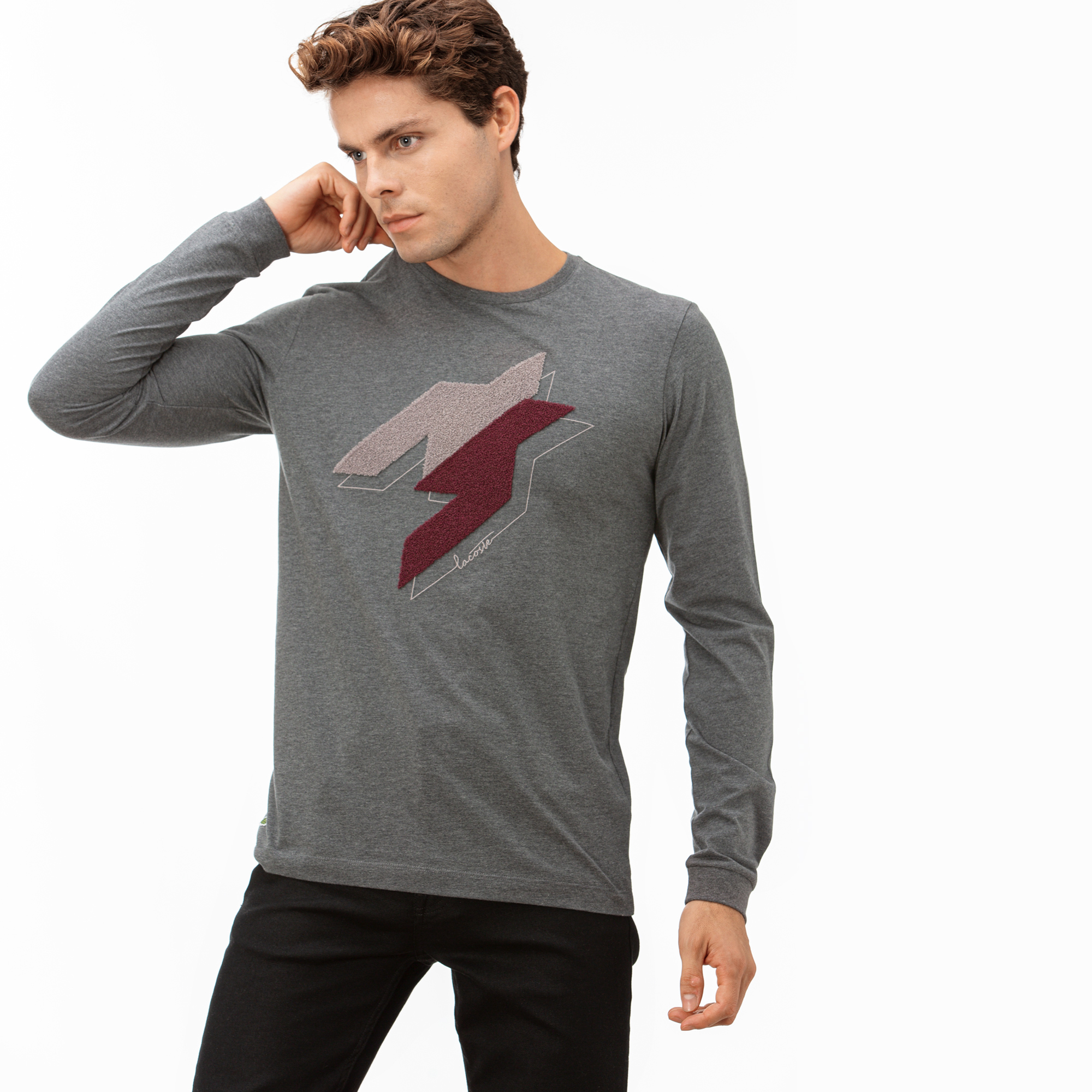 Lacoste Erkek Gri Uzun Kollu Desenli T-Shirt