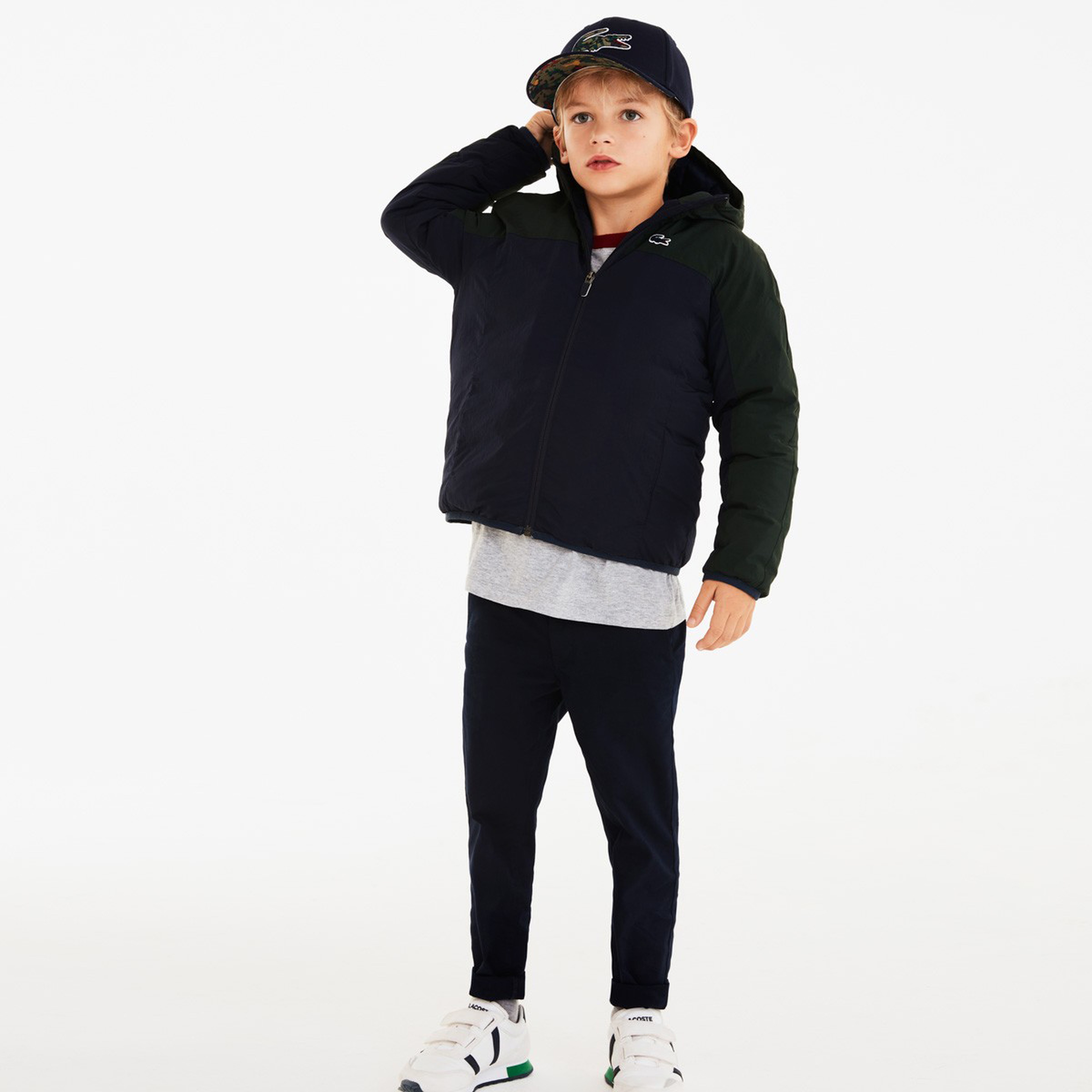 Lacoste Çocuk Kapüşonlu Blok Desenli Lacivert Mont