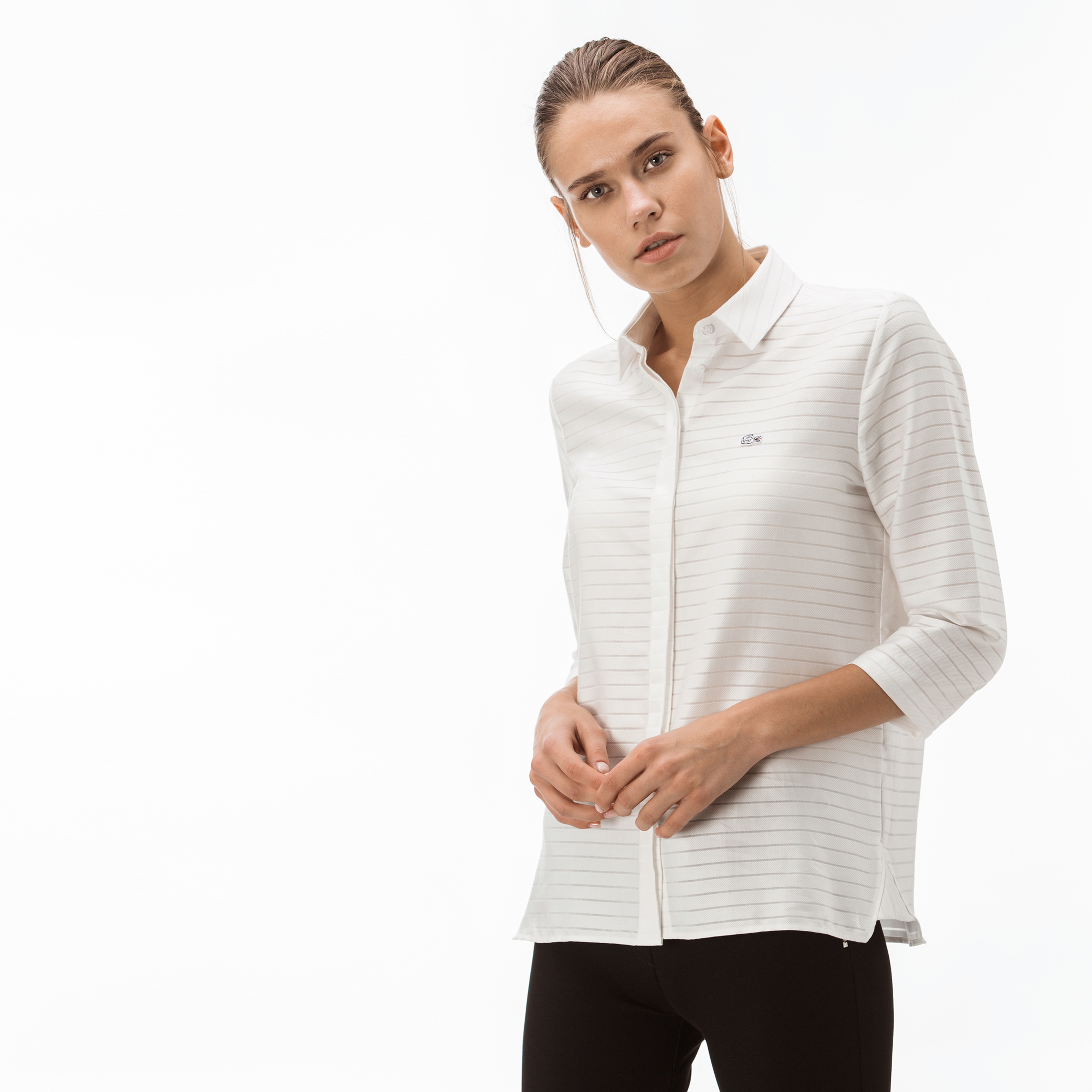 Lacoste Kadın Çizgili Beyaz Gömlek