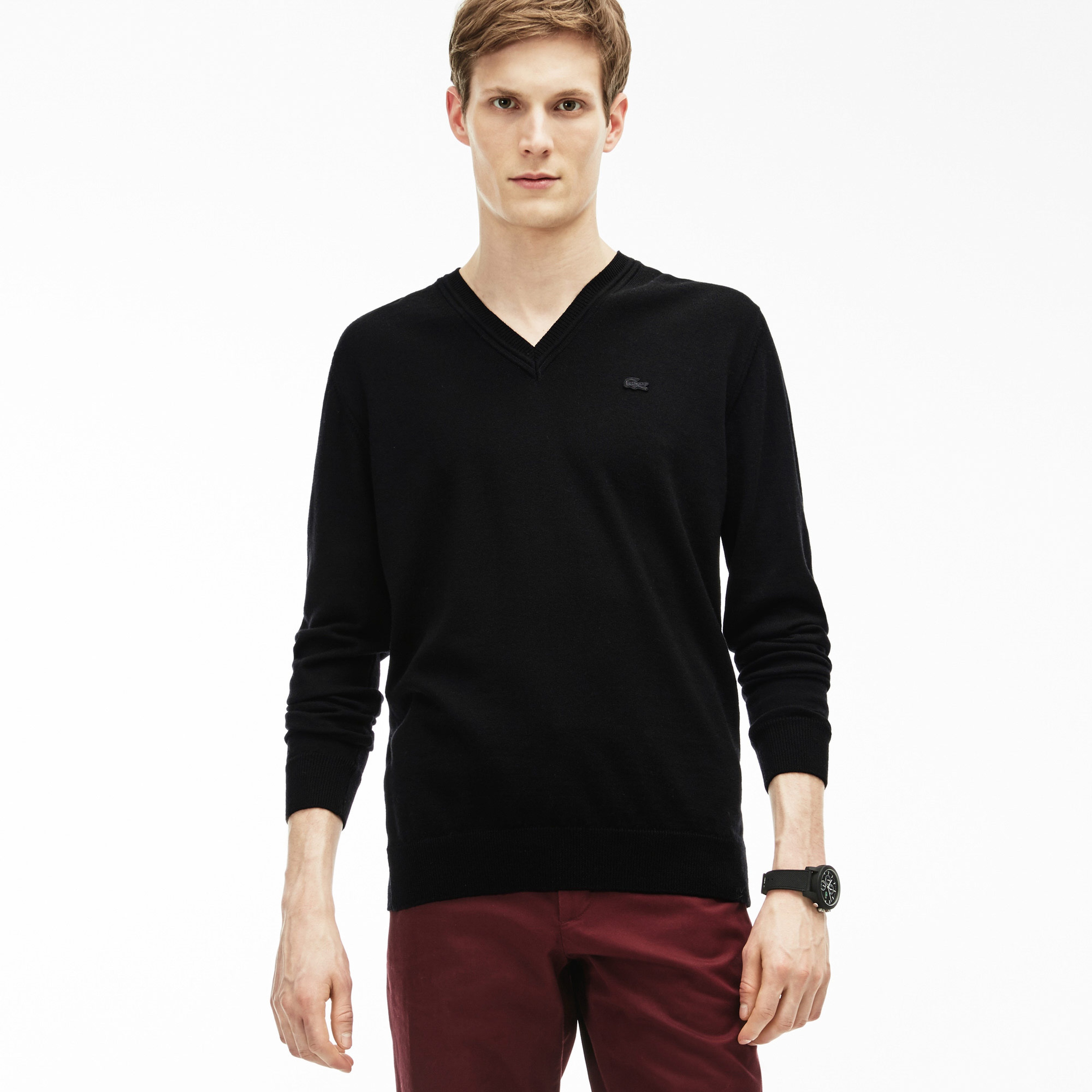 Lacoste Erkek V Yaka Klasik Fit Siyah Yün Triko Kazak
