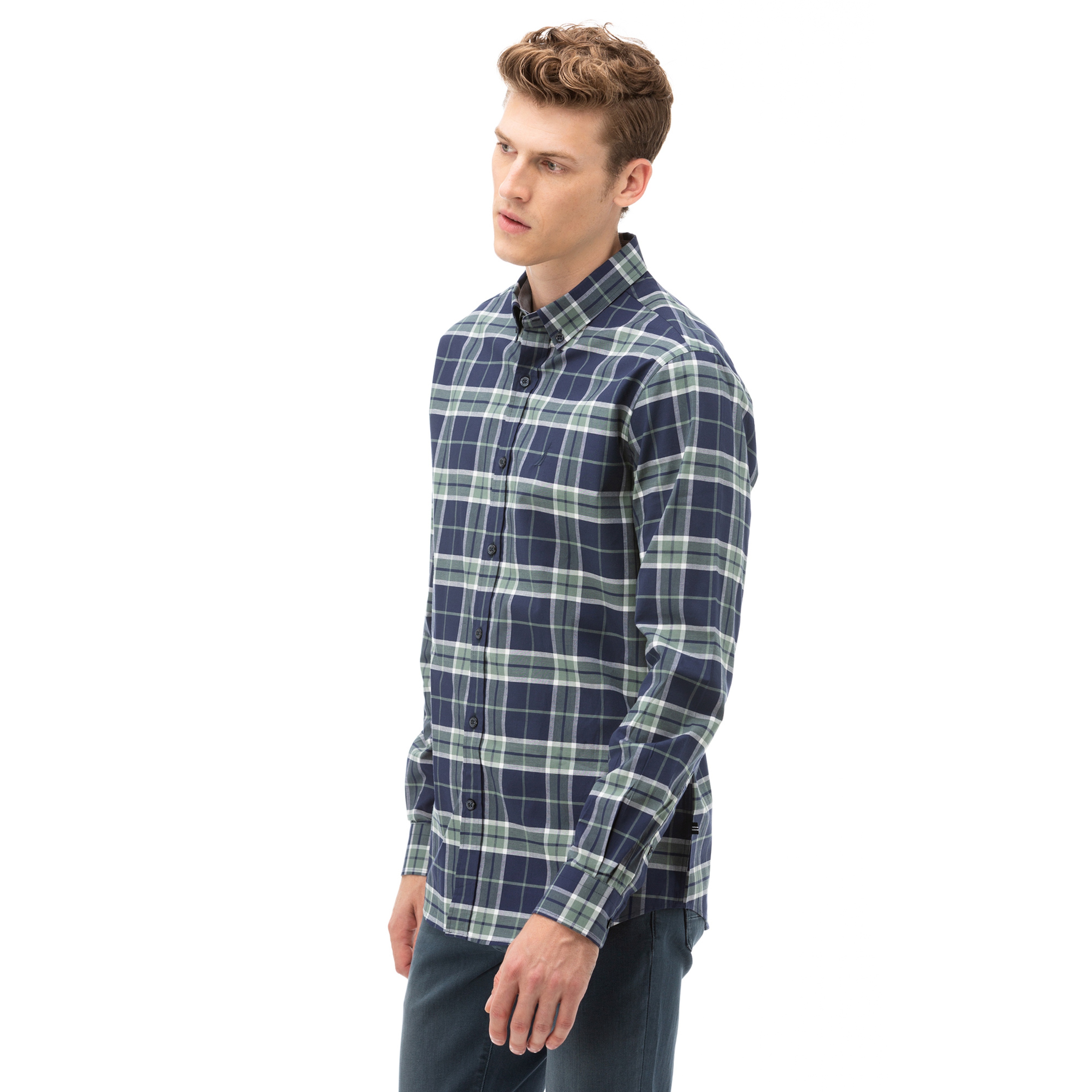 NAUTICA Erkek Yeşil Slim Fit Kareli Gömlek