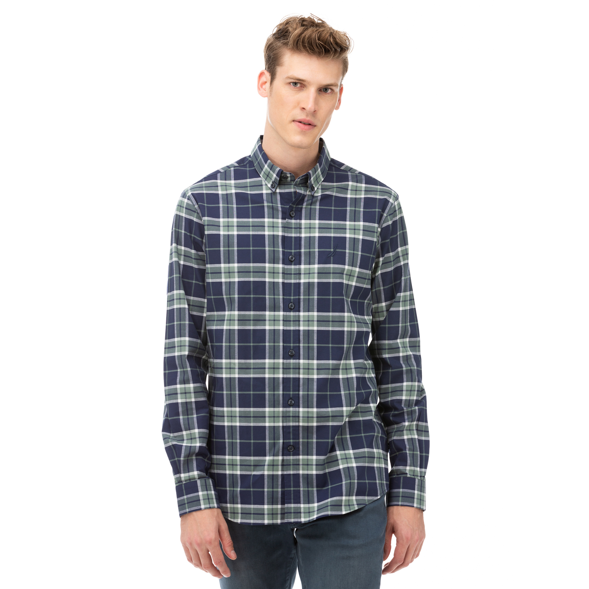 NAUTICA Erkek Yeşil Slim Fit Kareli Gömlek