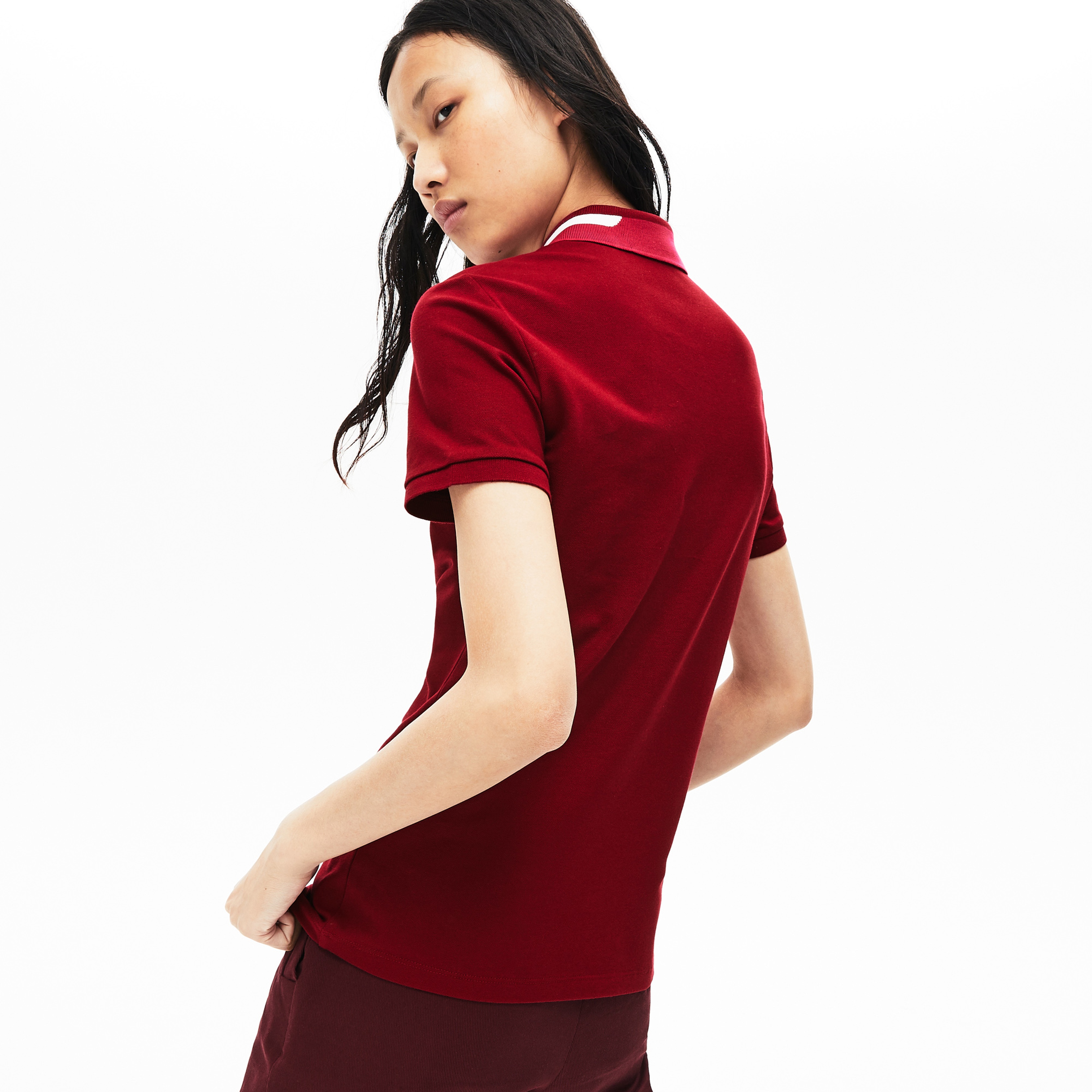 Lacoste Kadın Slim Fit Blok Desen Yakalı Bordo Polo