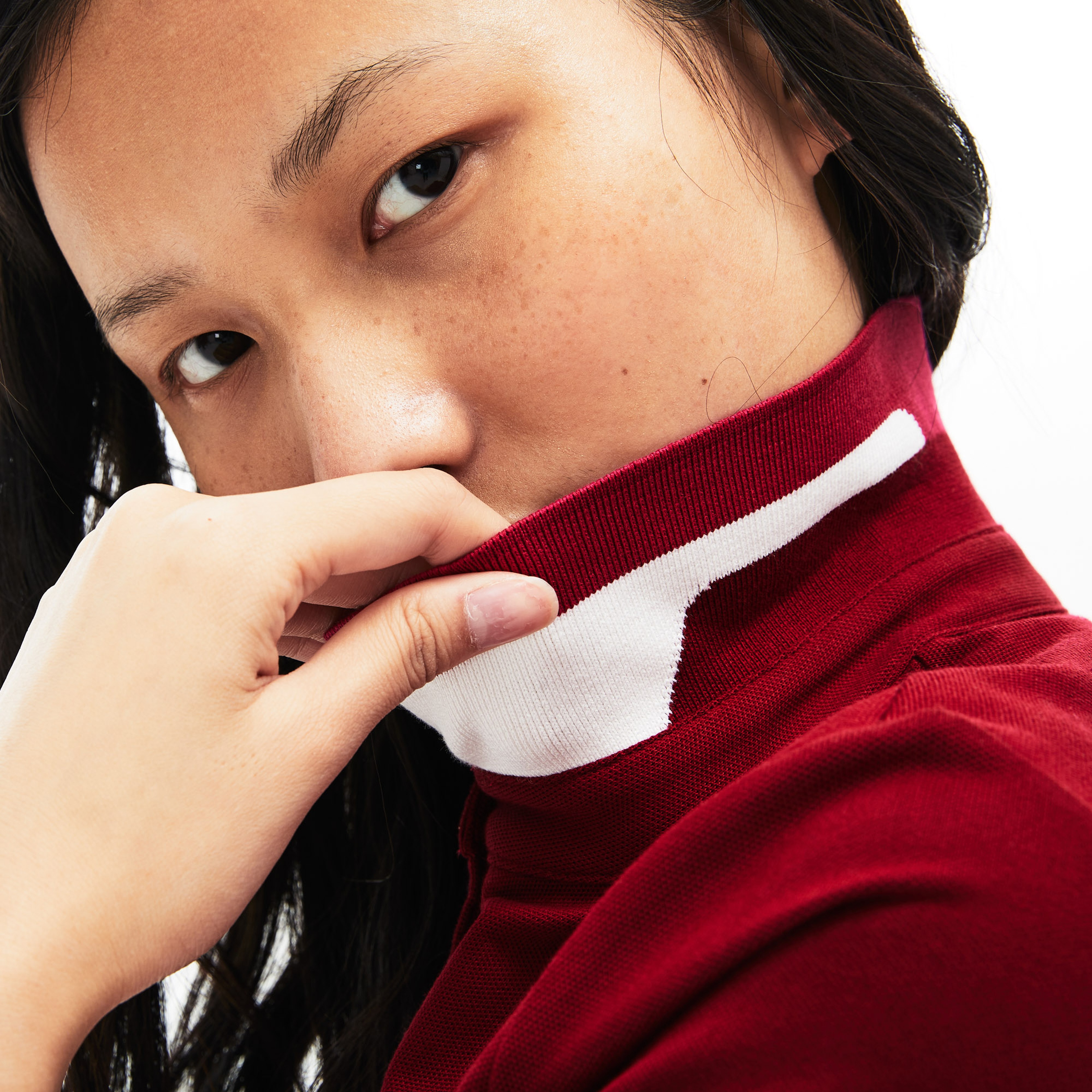 Lacoste Kadın Slim Fit Blok Desen Yakalı Bordo Polo