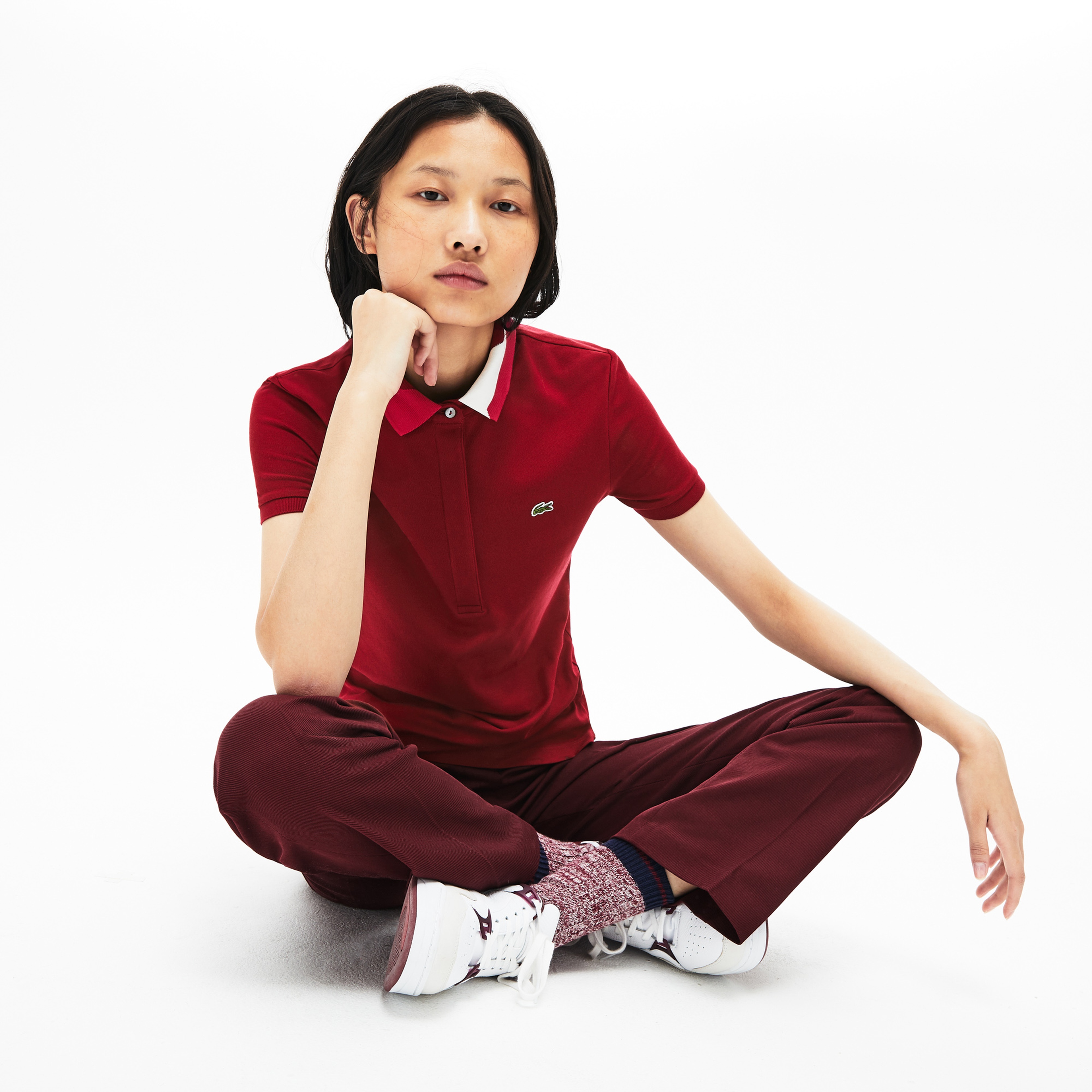 Lacoste Kadın Slim Fit Blok Desen Yakalı Bordo Polo