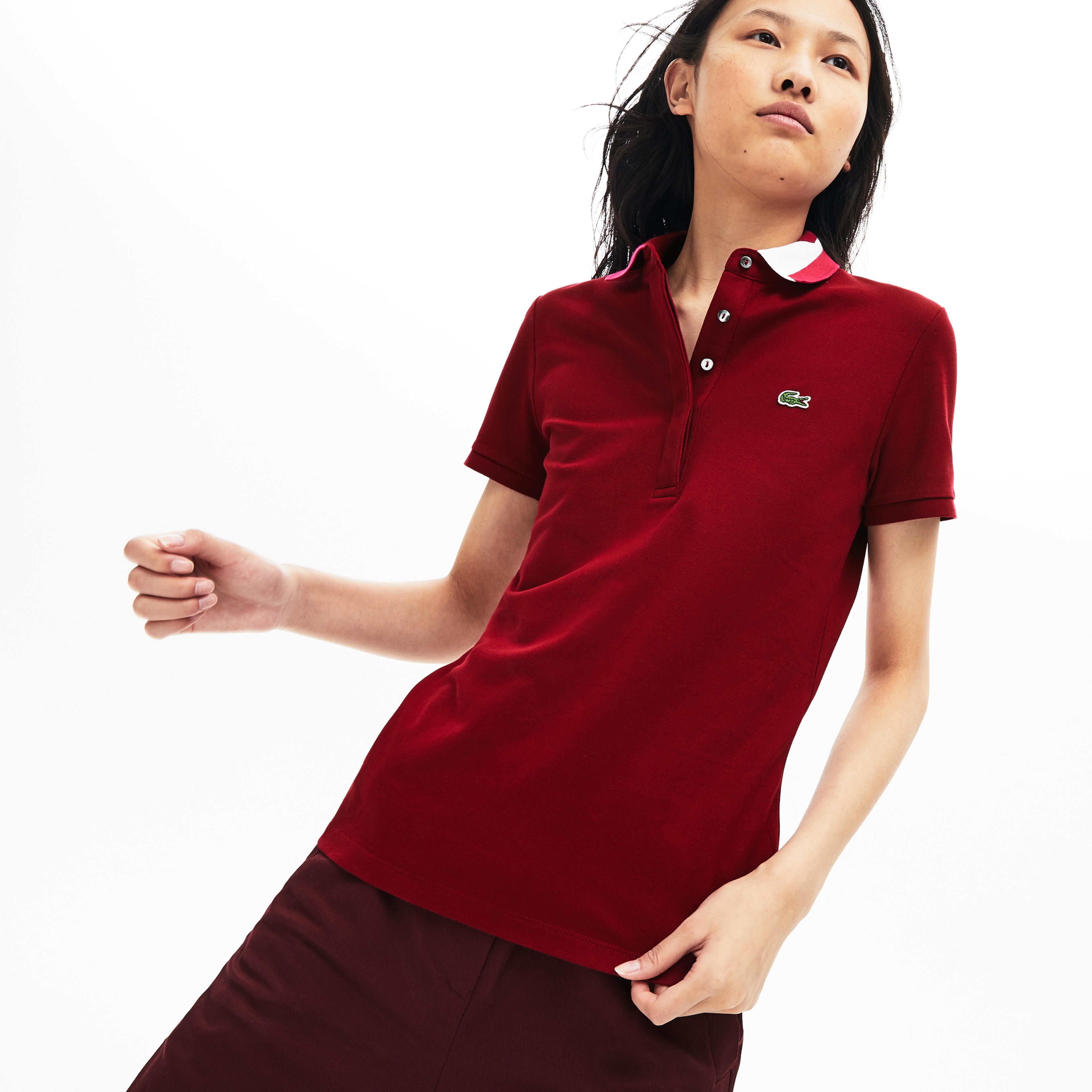 Lacoste Kadın Slim Fit Blok Desen Yakalı Bordo Polo