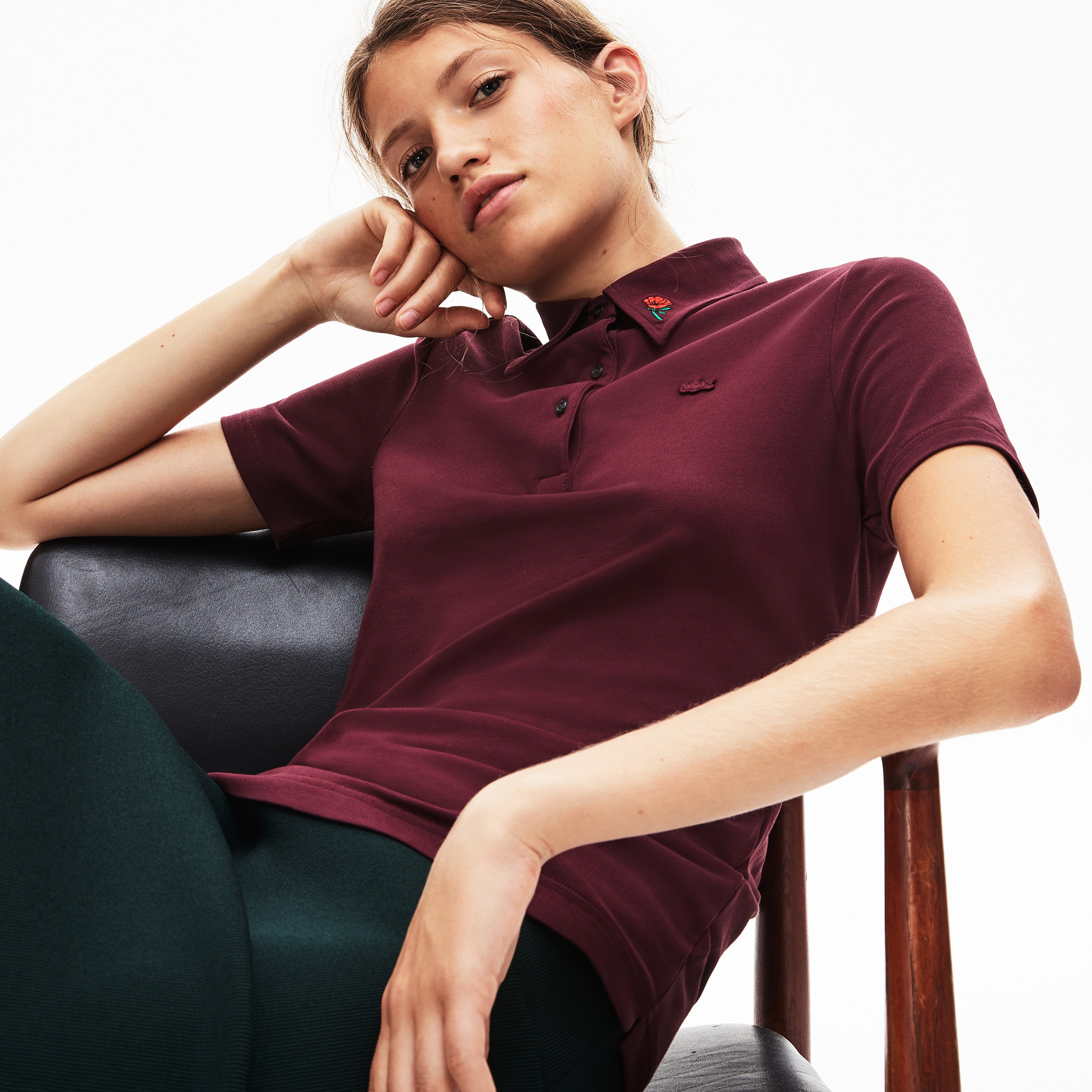 Lacoste L!VE Kadın Slim Fit Nakış Detaylı Bordo Polo