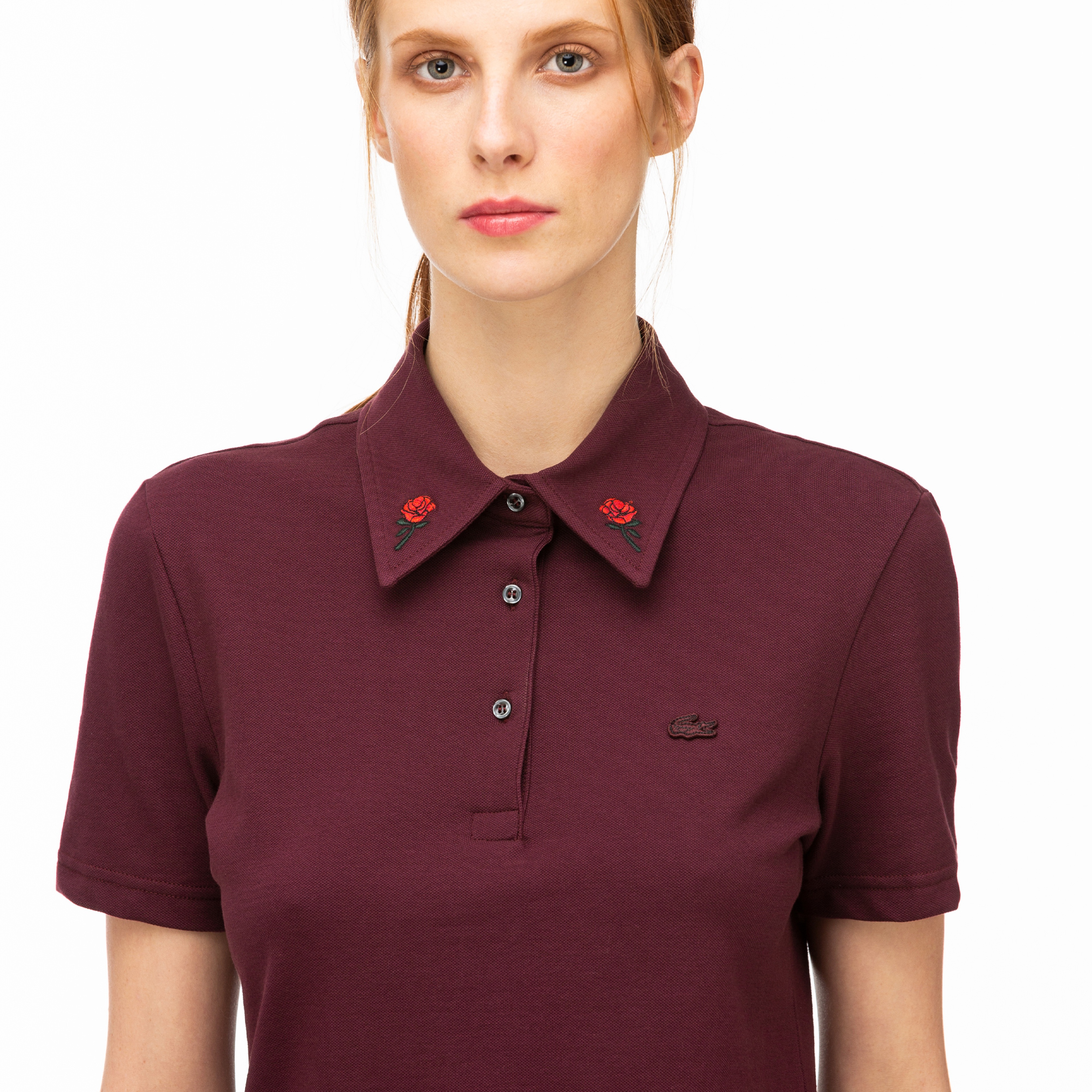 Lacoste L!VE Kadın Slim Fit Nakış Detaylı Bordo Polo