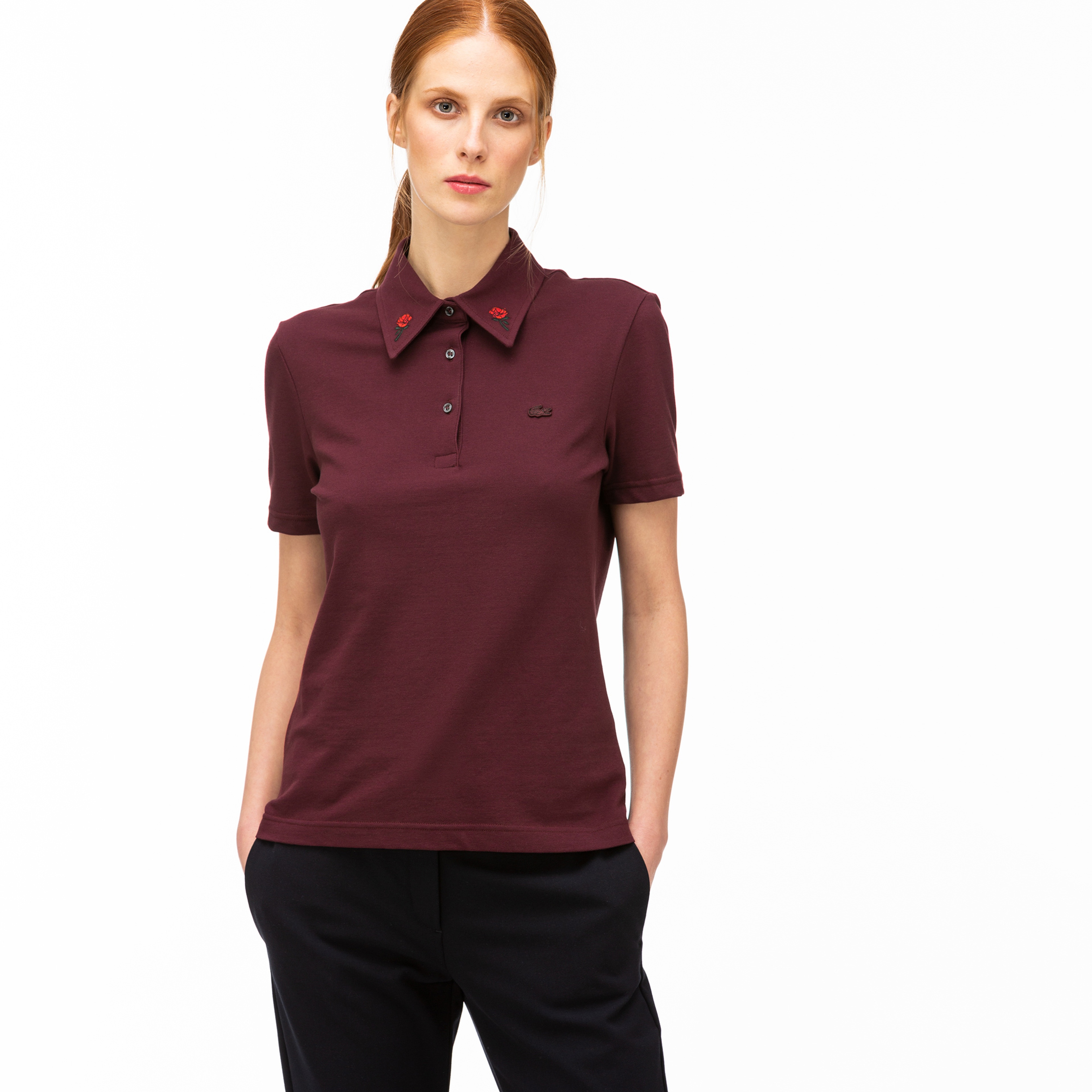 Lacoste L!VE Kadın Slim Fit Nakış Detaylı Bordo Polo