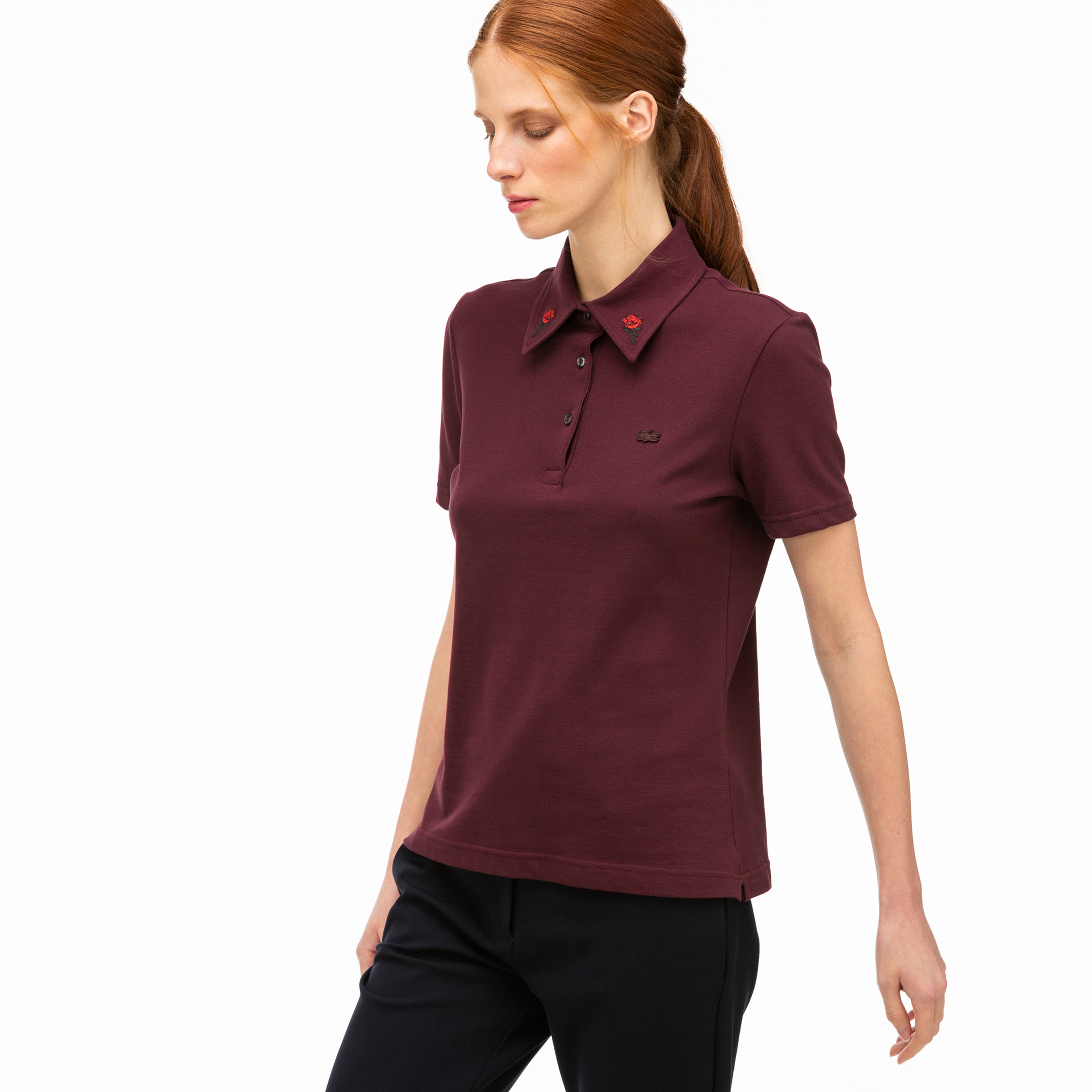 Lacoste L!VE Kadın Slim Fit Nakış Detaylı Bordo Polo