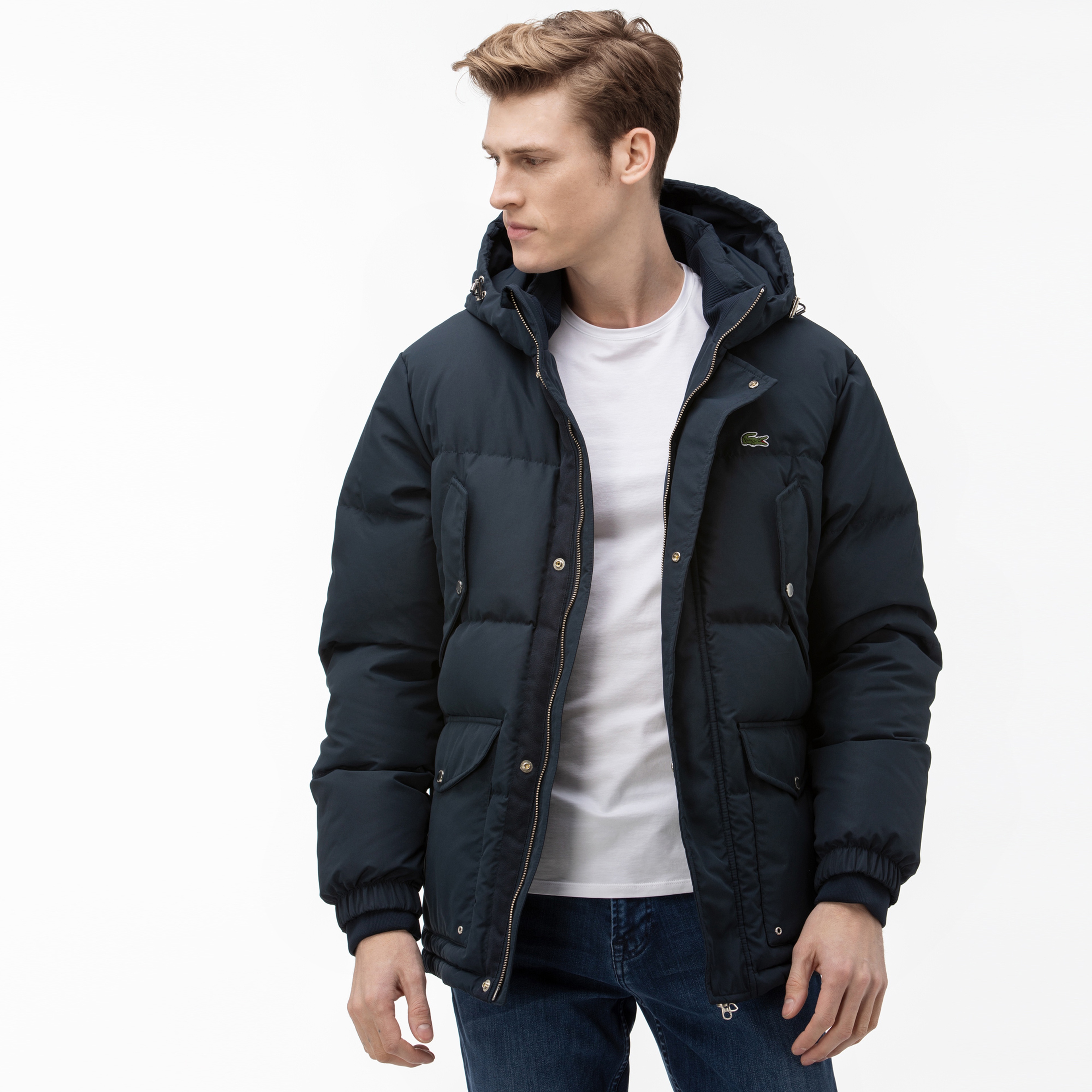 Lacoste Erkek Lacivert Çıkarılabilir Kapüşonlu Suya Dayanıklı Kapitone Mont