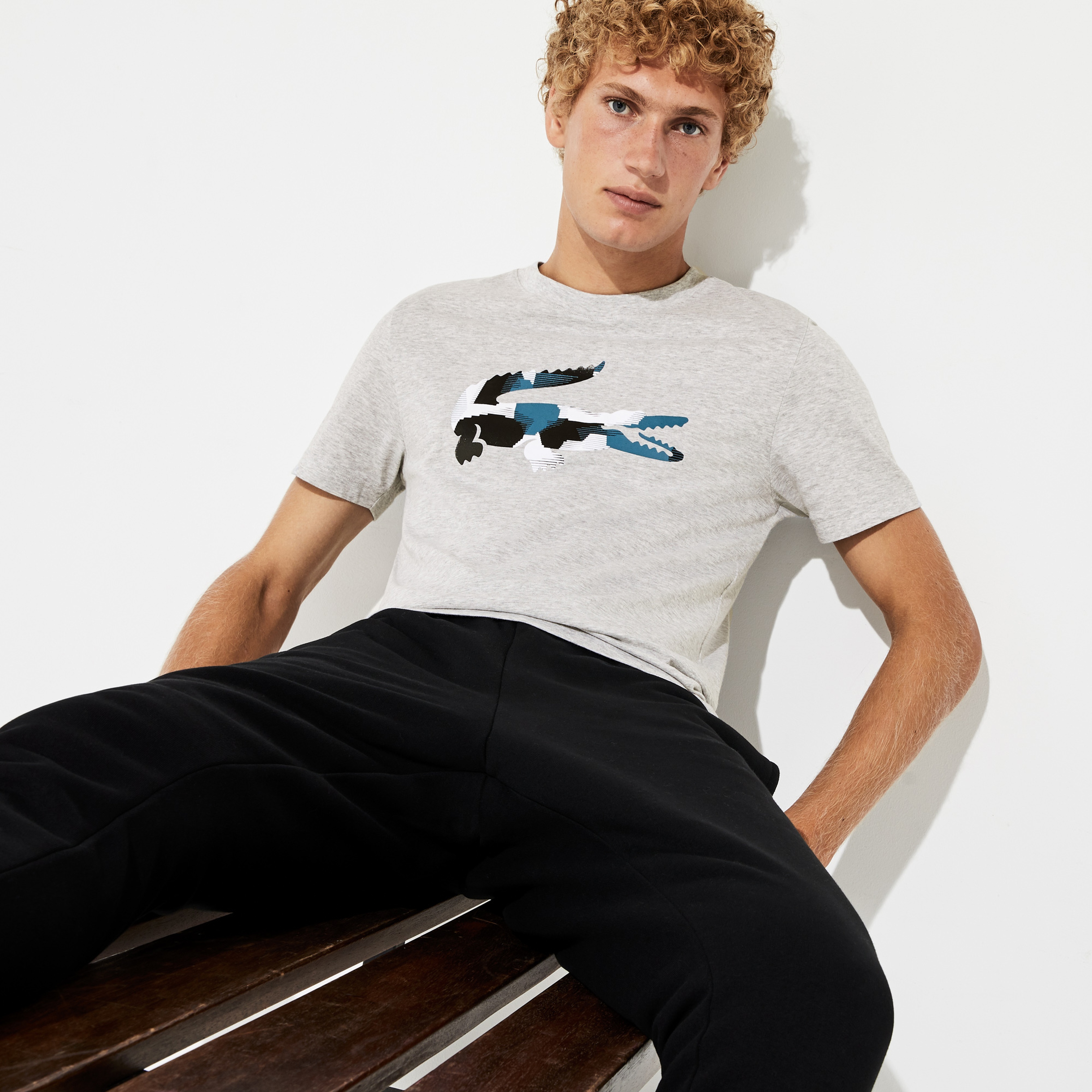 Lacoste Sport Erkek Renkli Timsah Baskılı Gri T-Shirt