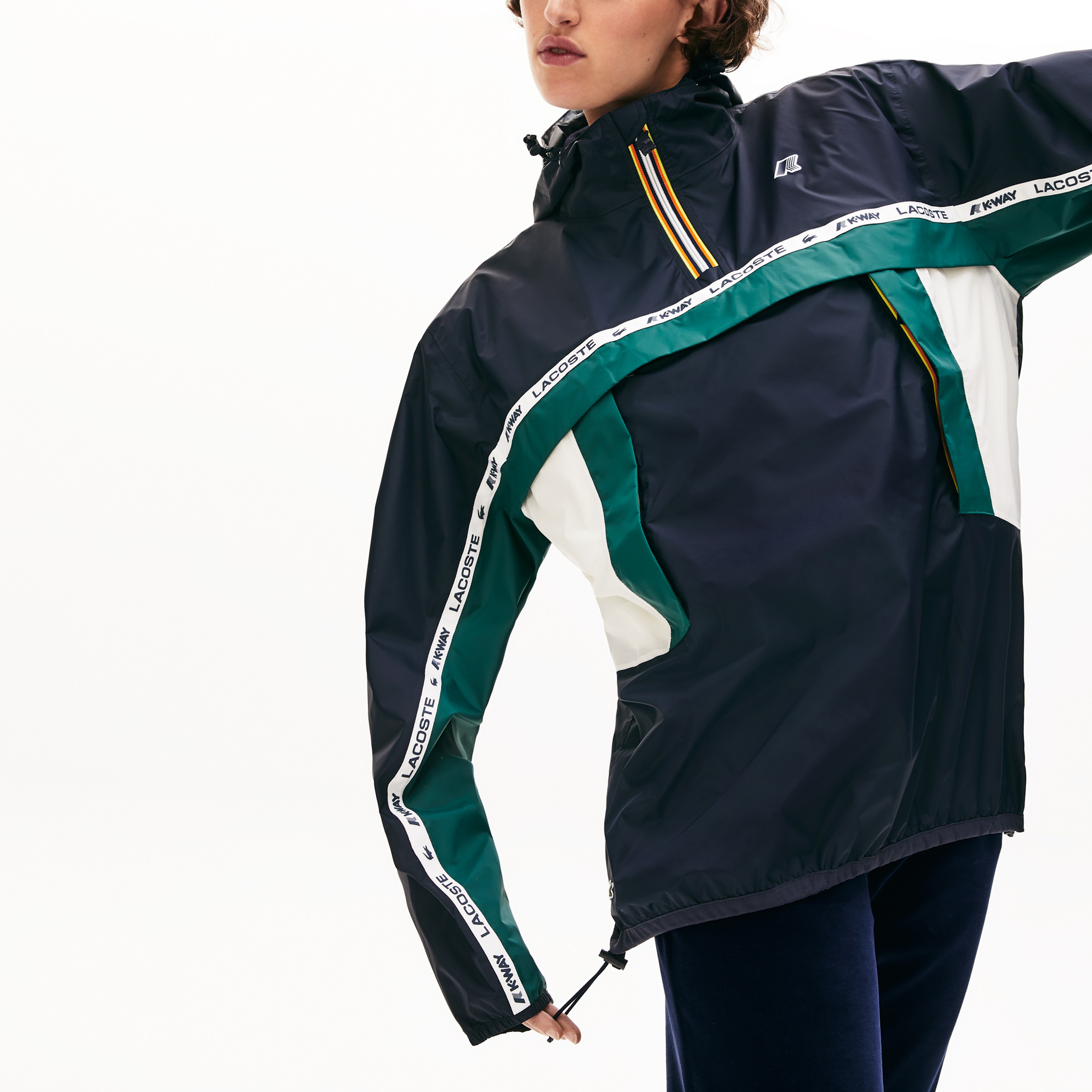 Lacoste X K-Way Unisex Lacivert Blok Desenli Su Geçirmez Katlanabilir Kapüşonlu Rüzgarlık/Mont