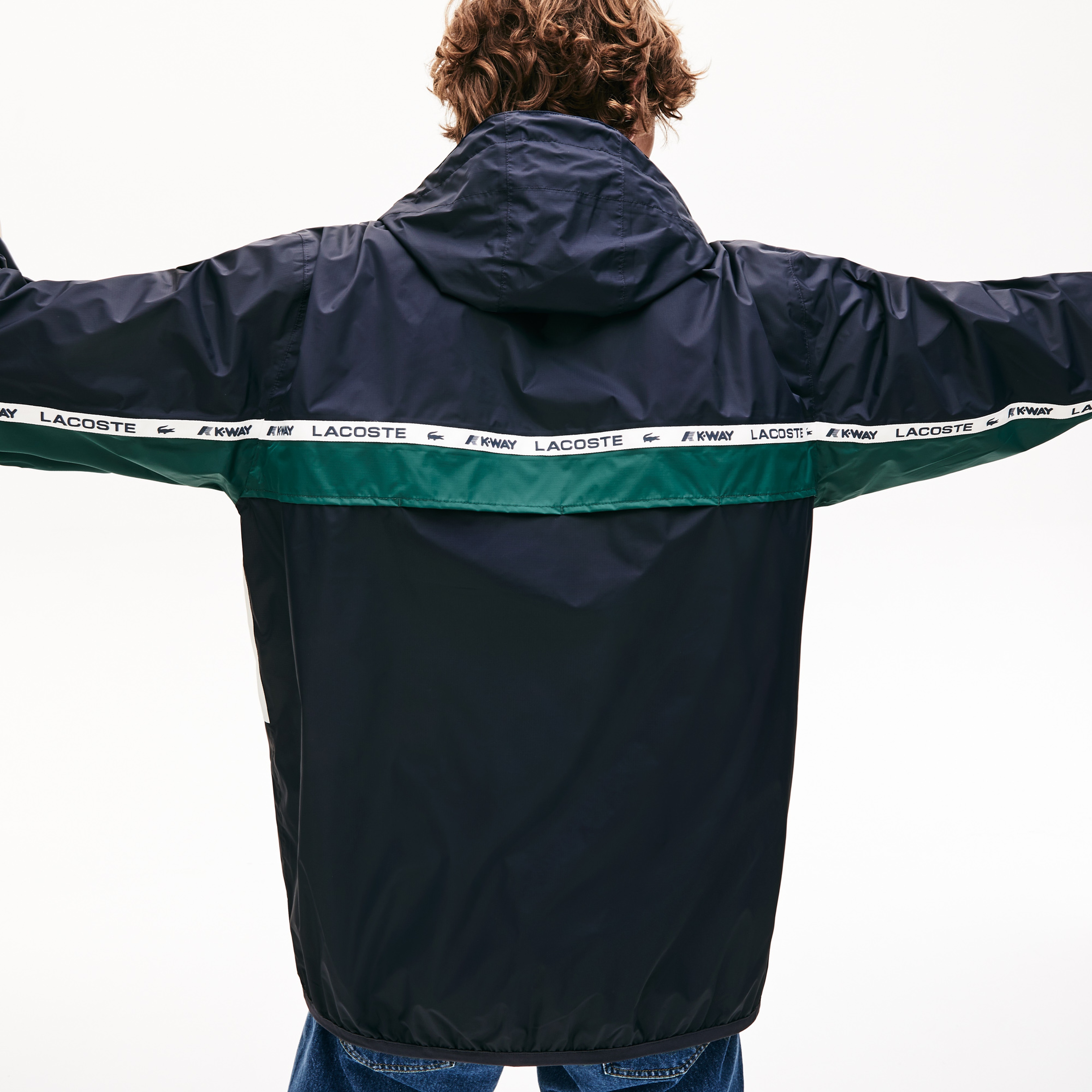 Lacoste X K-Way Unisex Lacivert Blok Desenli Su Geçirmez Katlanabilir Kapüşonlu Rüzgarlık/Mont