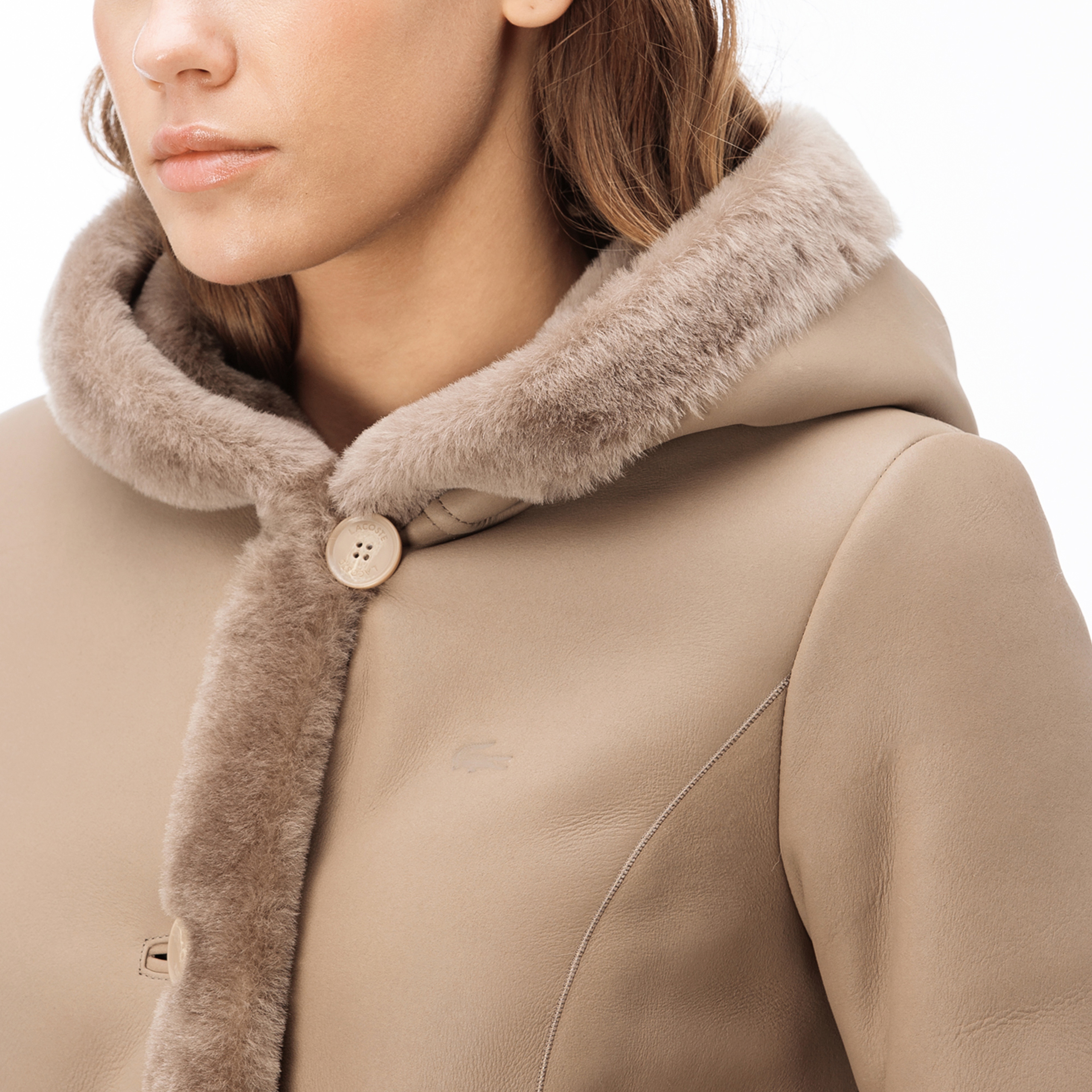 Lacoste Kadın Kürk Detaylı Bej Deri Mont
