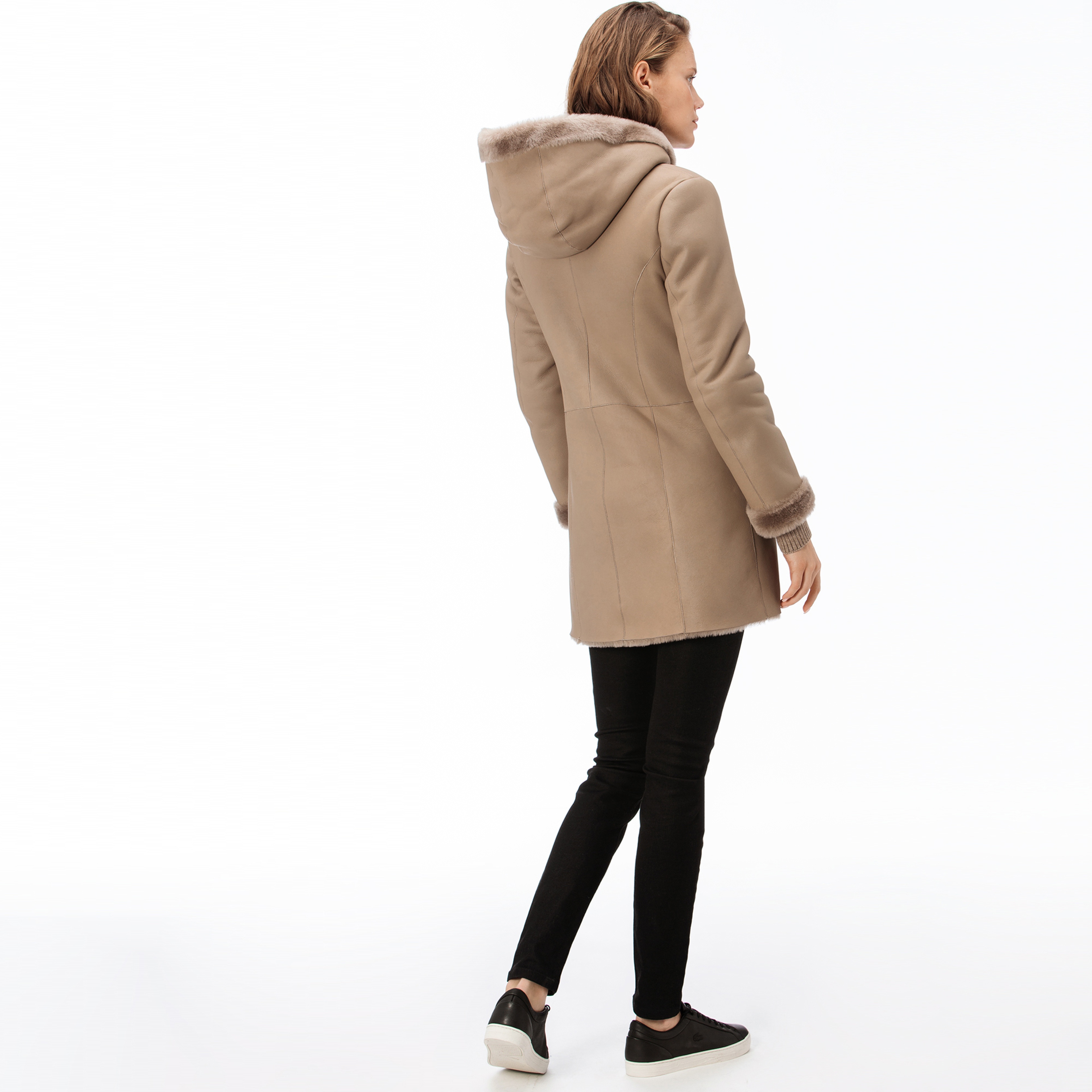 Lacoste Kadın Kürk Detaylı Bej Deri Mont