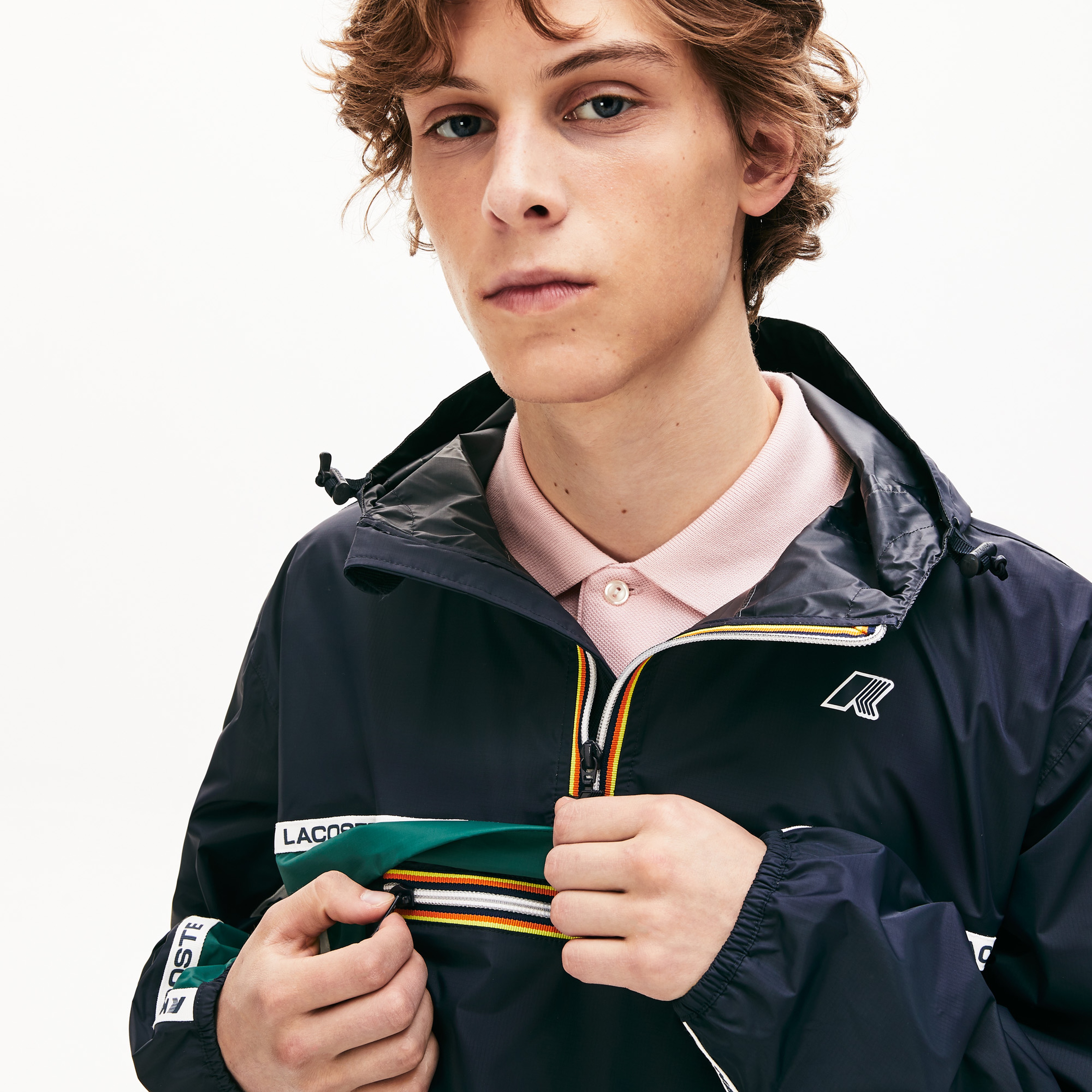 Lacoste X K-Way Unisex Lacivert Blok Desenli Su Geçirmez Katlanabilir Kapüşonlu Rüzgarlık/Mont