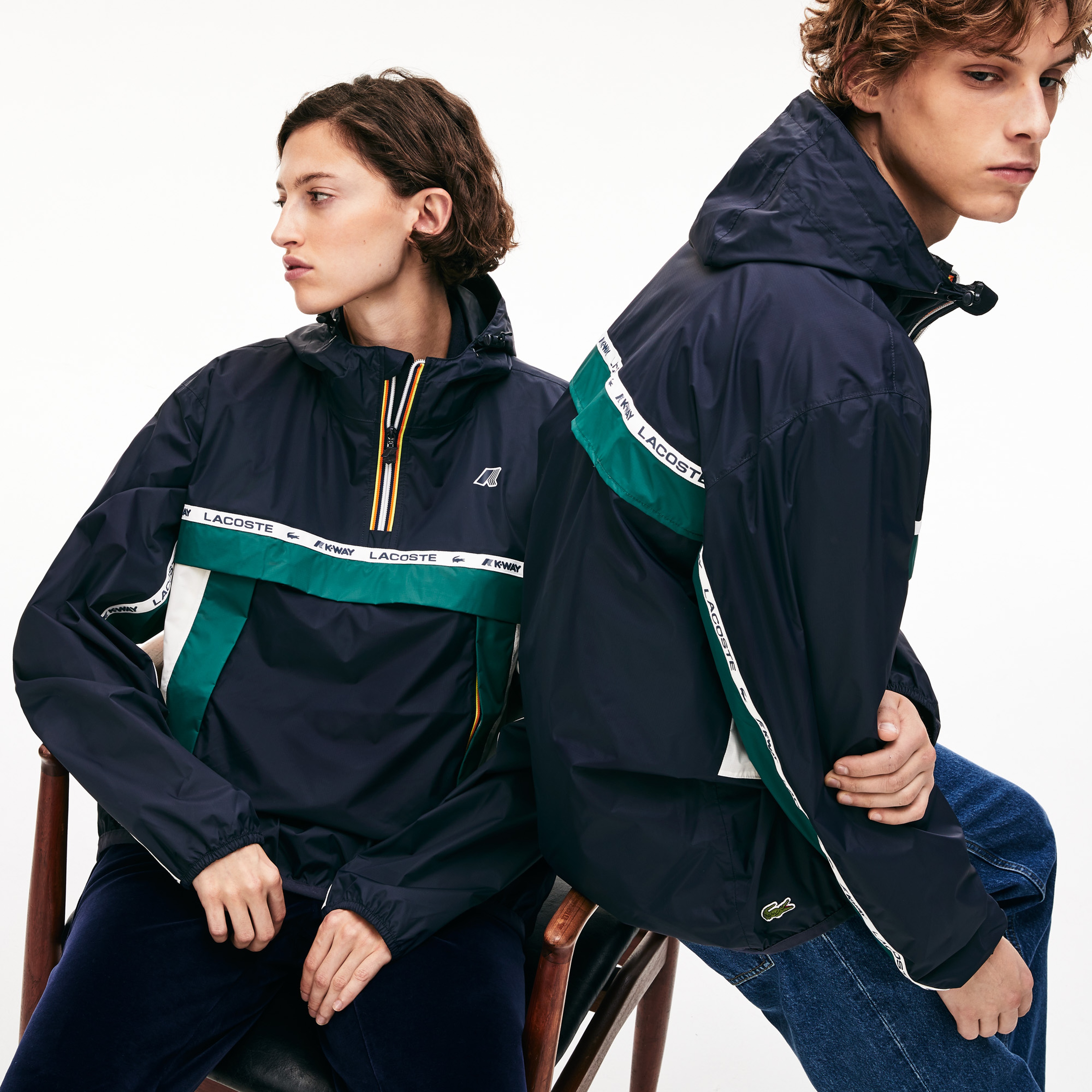 Lacoste X K-Way Unisex Lacivert Blok Desenli Su Geçirmez Katlanabilir Kapüşonlu Rüzgarlık/Mont