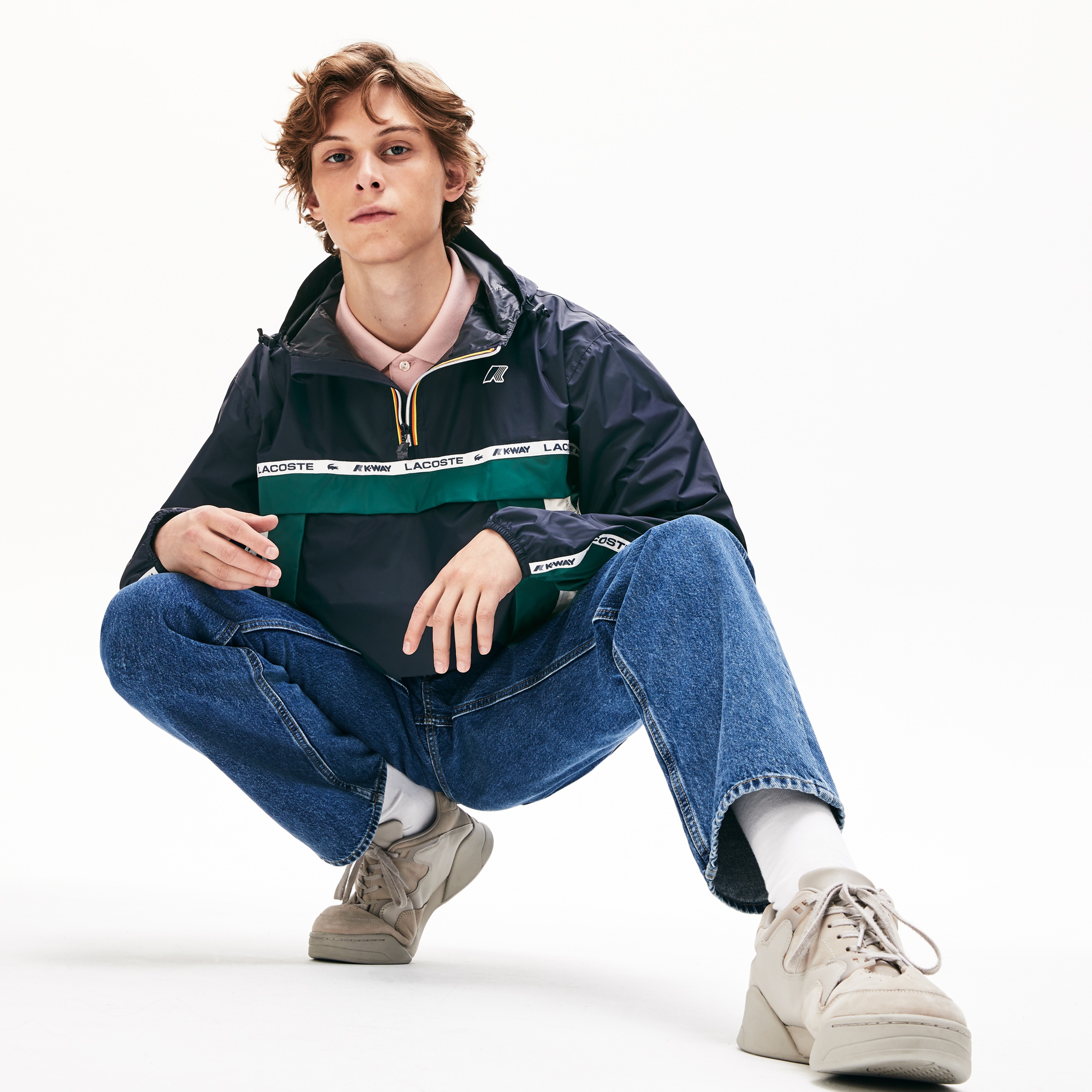 Lacoste X K-Way Unisex Lacivert Blok Desenli Su Geçirmez Katlanabilir Kapüşonlu Rüzgarlık/Mont