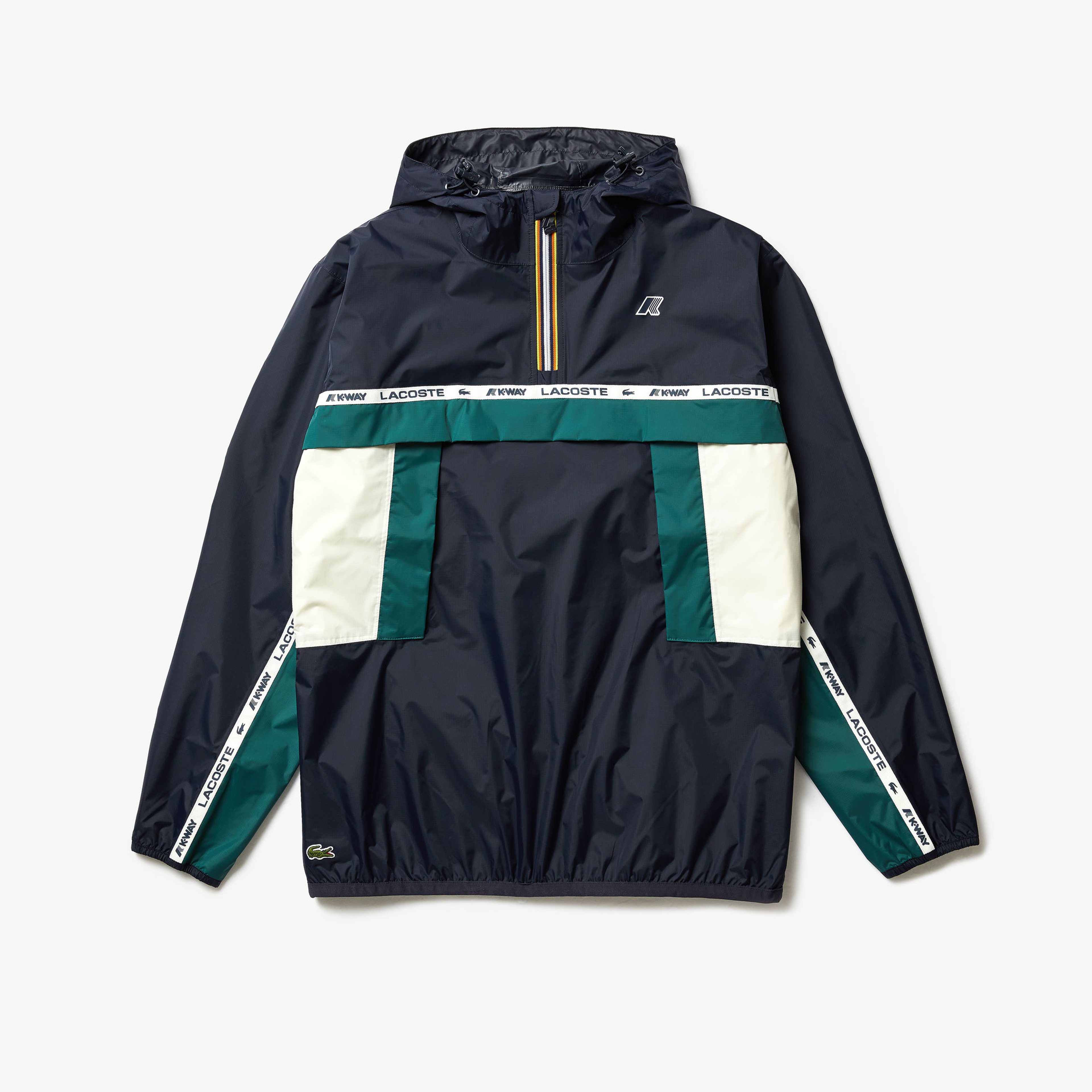 Lacoste X K-Way Unisex Lacivert Blok Desenli Su Geçirmez Katlanabilir Kapüşonlu Rüzgarlık/Mont