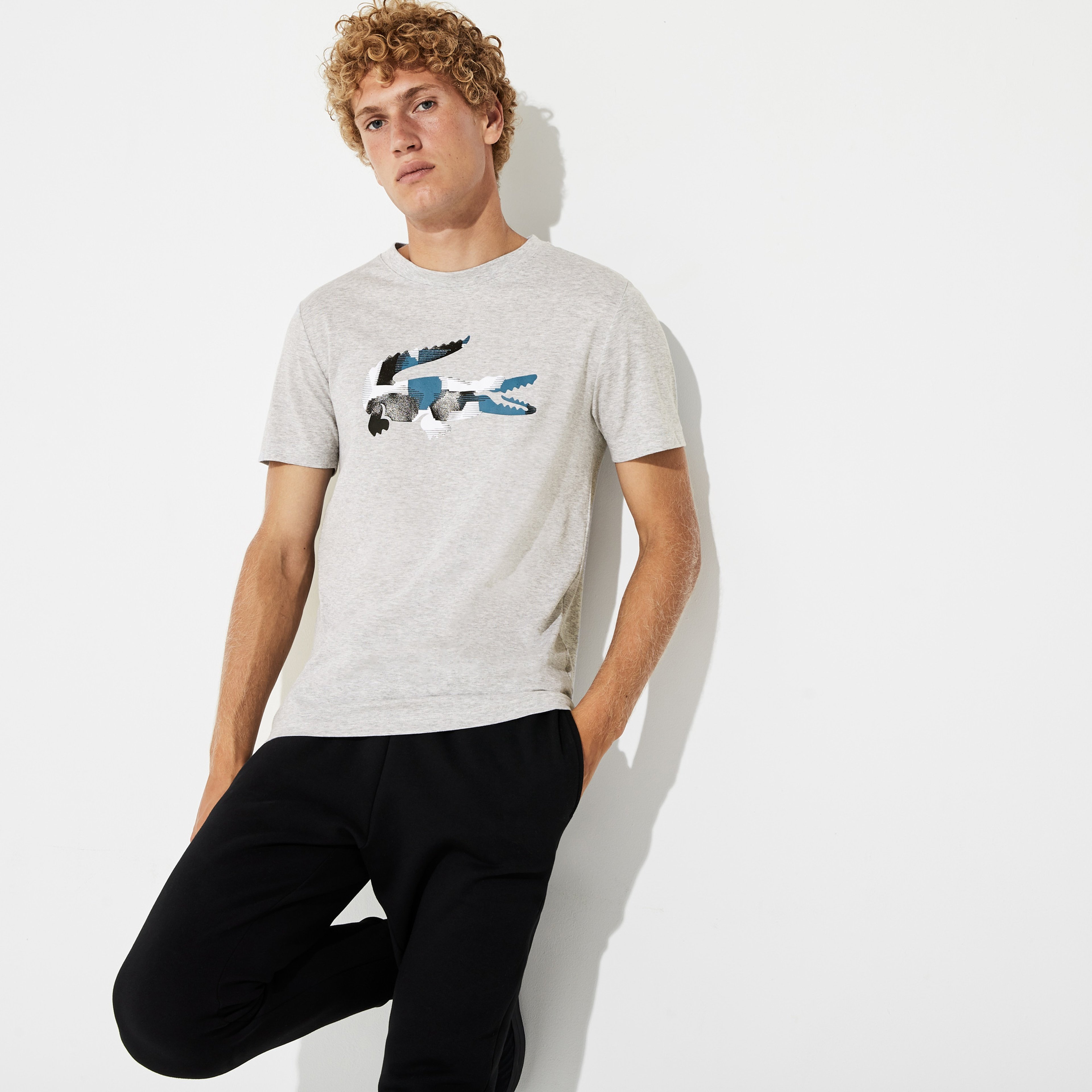 Lacoste Sport Erkek Renkli Timsah Baskılı Gri T-Shirt