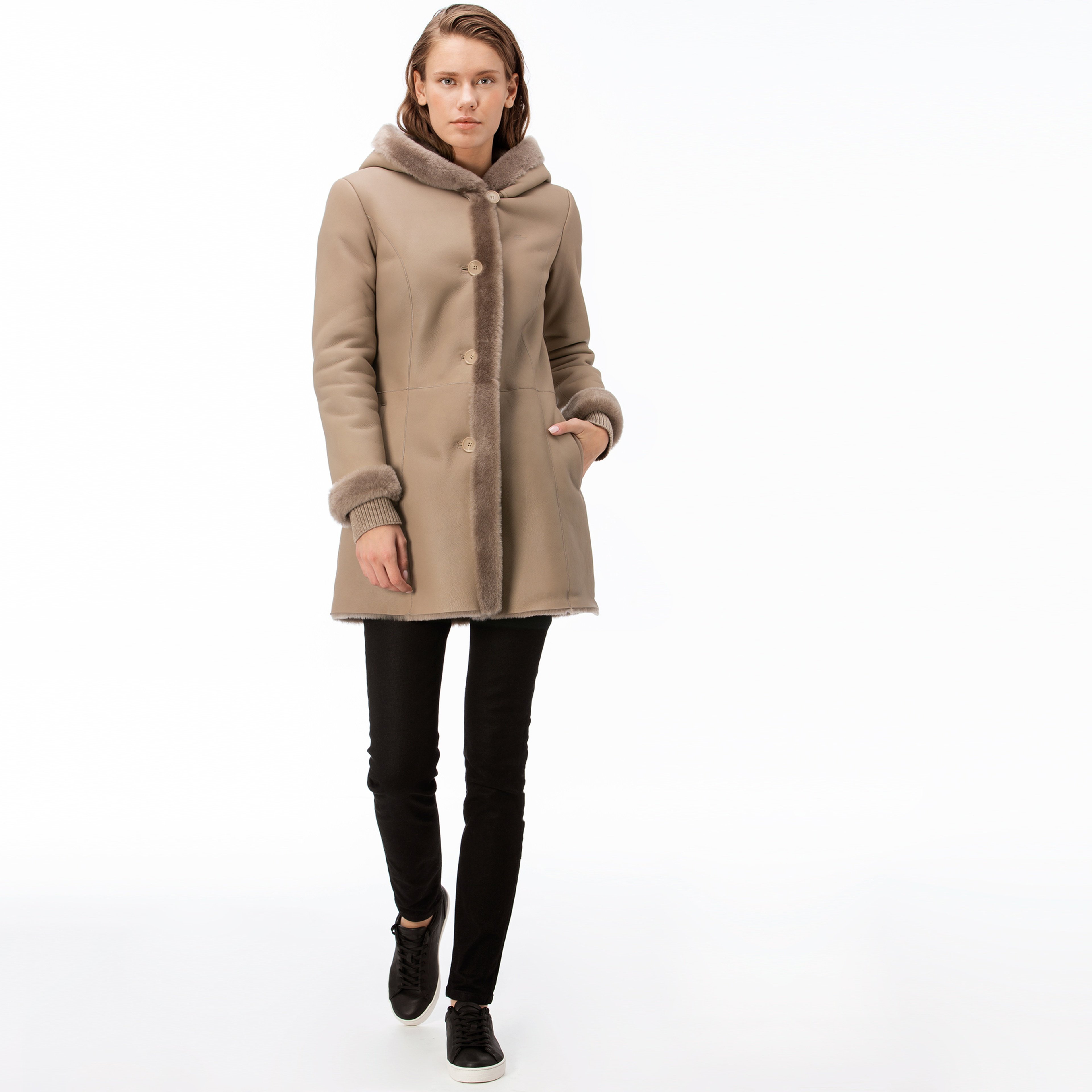 Lacoste Kadın Kürk Detaylı Bej Deri Mont