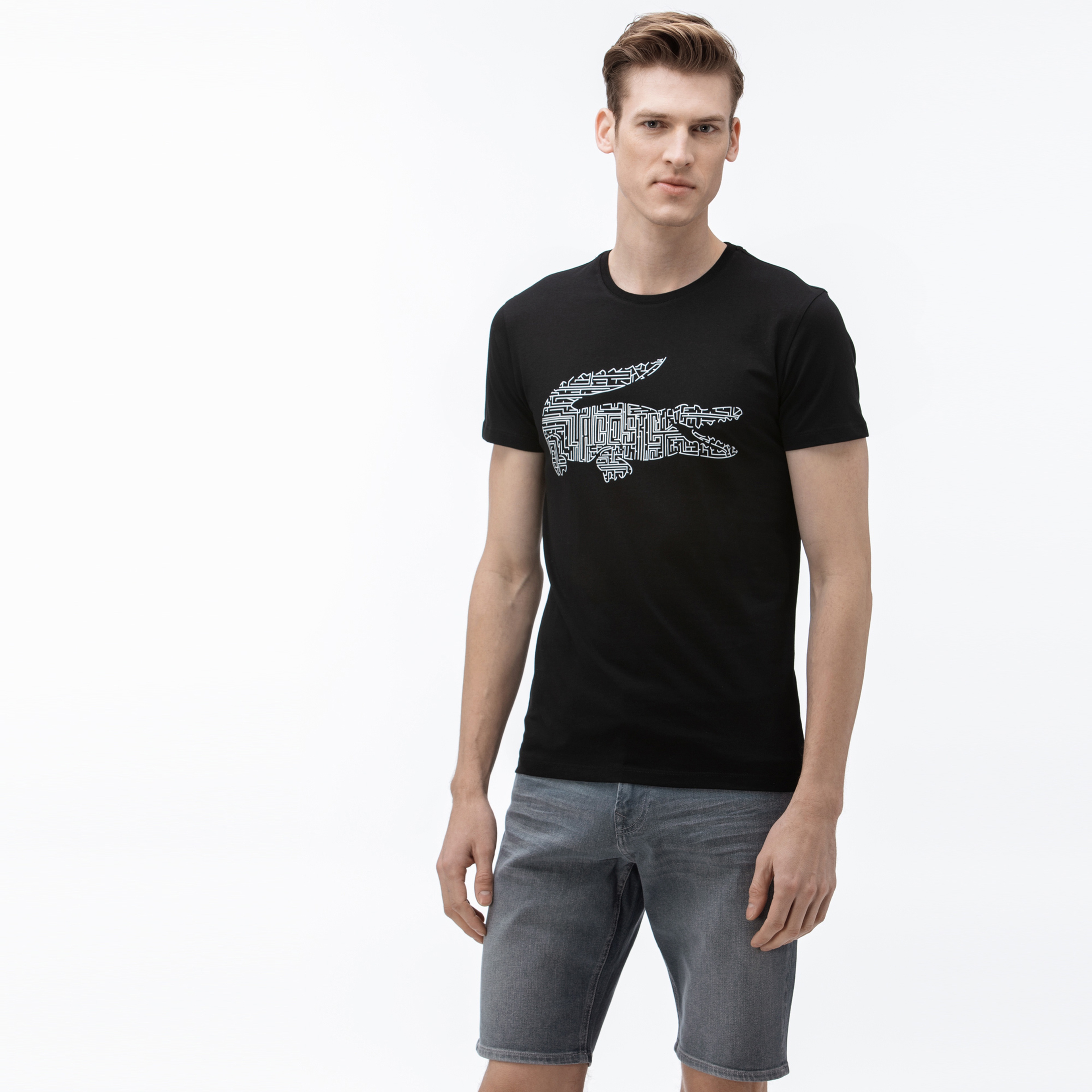 Lacoste Erkek Bisiklet Yaka Baskılı Siyah T-Shirt